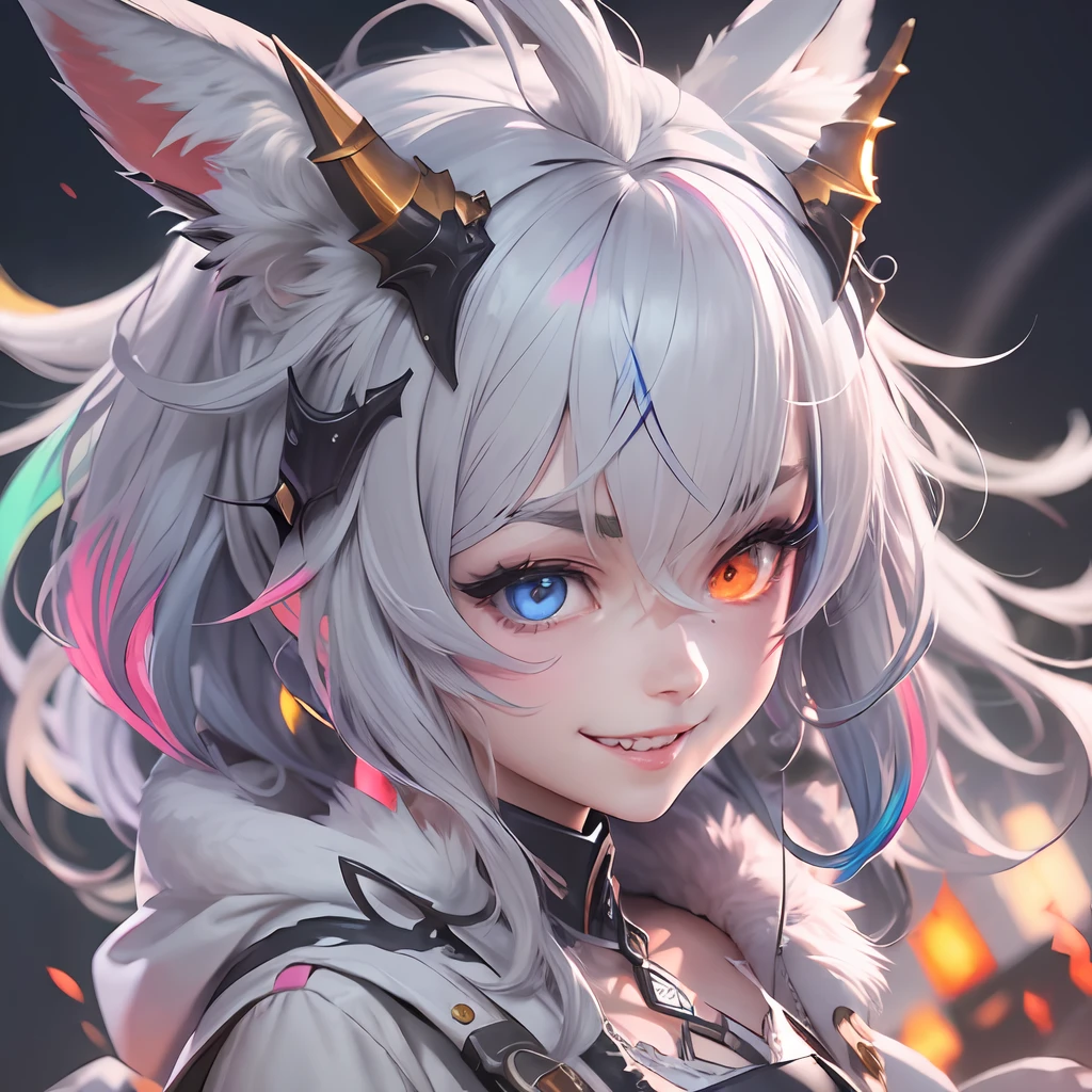 anime, Dragon Girl, Arknights style, looking at viewert, extremely detailed CG unity 8k wallpaper, Side face view, The background is blurred out, dramatic angle, ((colorful:1.1)), ((colored inner hair:1.4)), solo 1girl, solo, white hair, long hair, grey hair, dragon horns, devil eyes, heterochromia, fox ears, smile, colored inner hair, fangs, anime style, Cinematic Lighting, Illustration, character chart, masterpiece, best quality, award winning, HD, 4K