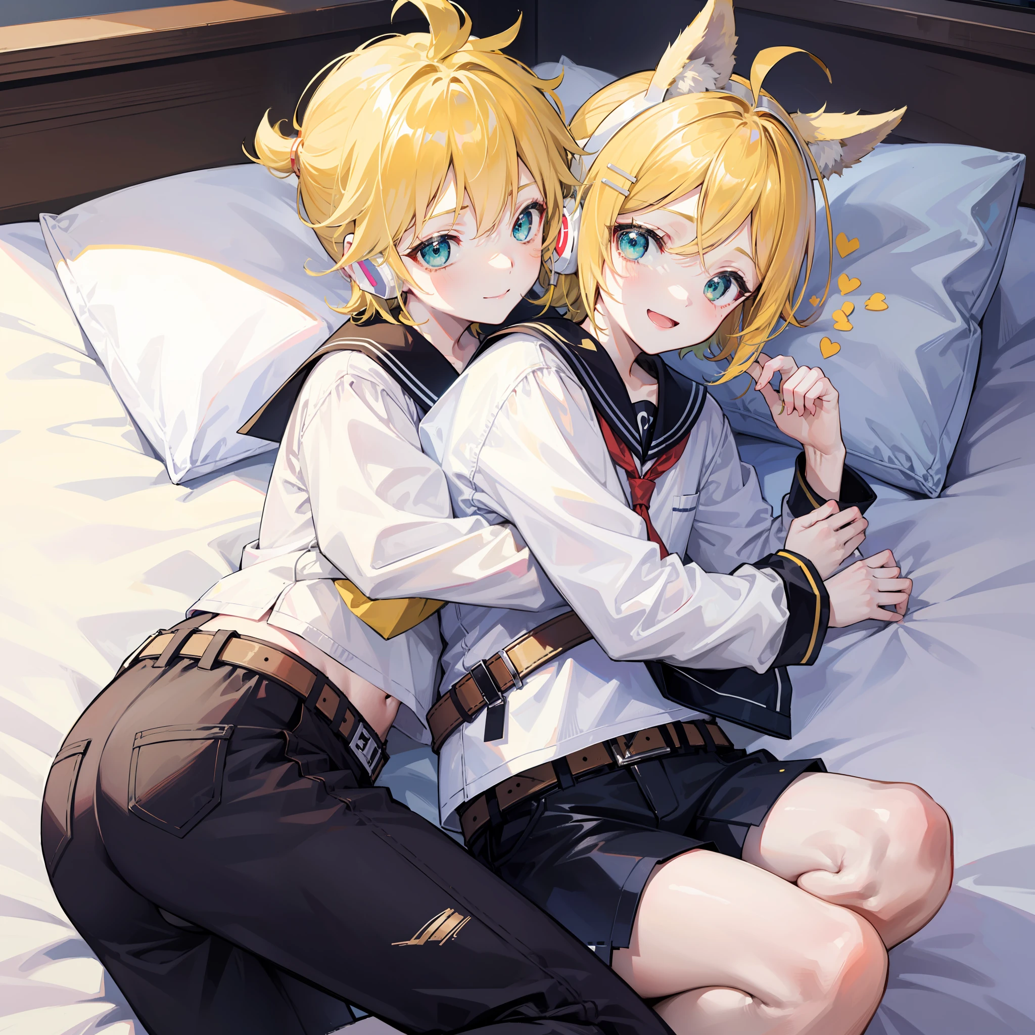 best quality, ultra precision, only two person, one boy and one girl, (a boy is Kagamine_Len), (a girl is Kagamine_Rin), green eyes, cute, short hair, head phone, blond hair, sailor uniform, black short pants, belt, yellow necktie, smile, elementary school student, older sister and younger brother, twins, love each other, children, (boy is as tall as girl), kids, characters focus, couple, love each other, on bed, bedroom, night, look at each other, (hug), smile, lying on bed, platonic love