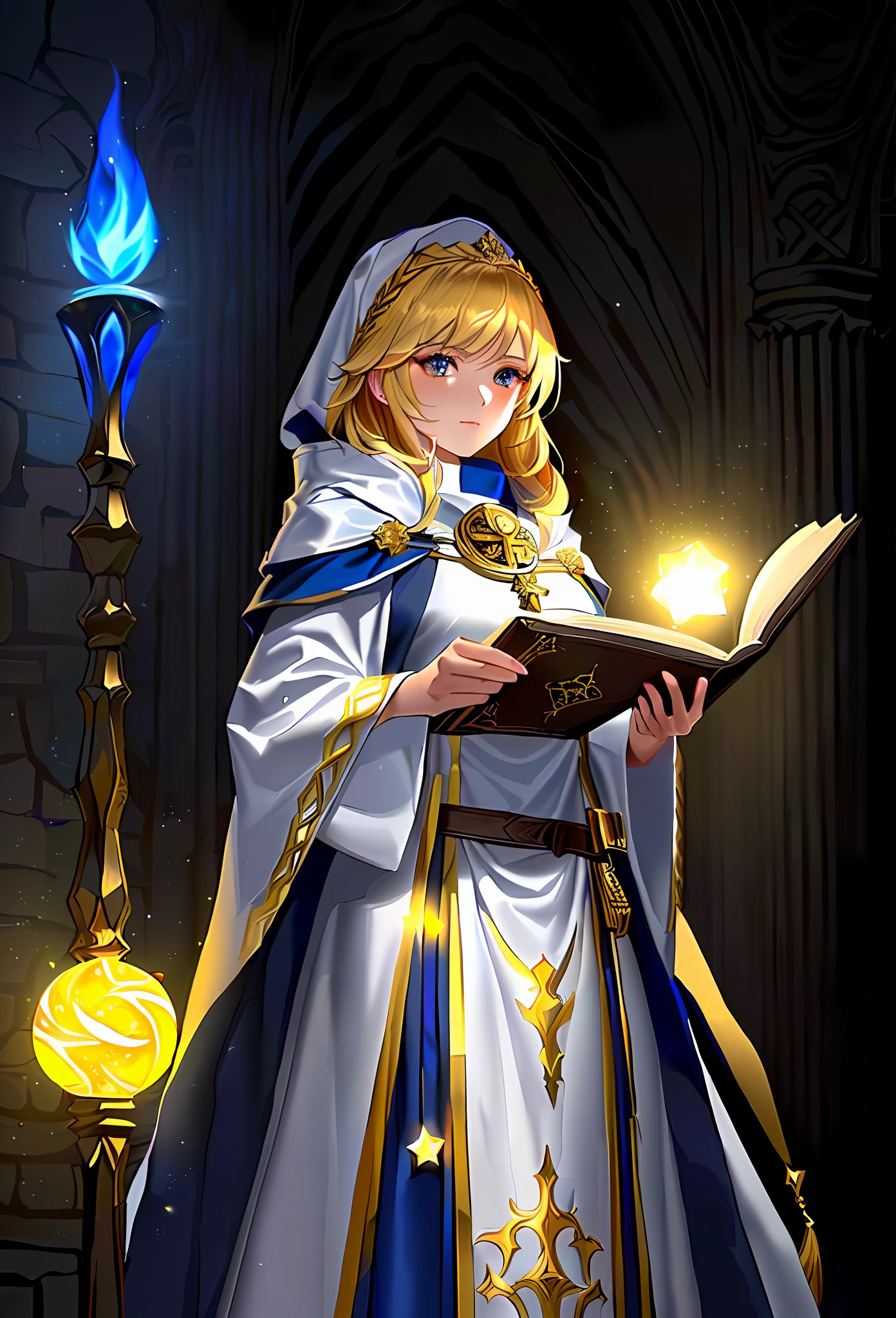 a woman in a white dress holding a book and a glowing ball, cleric, female cleric, pretty female cleric, dressed like a cleric, portrait of a female mage, portrait of a mage, picture of a male cleric, wearing star filled mage robes, portrait of queen of light, golden-white robes, female wizard, holy fire spell art, female mage
