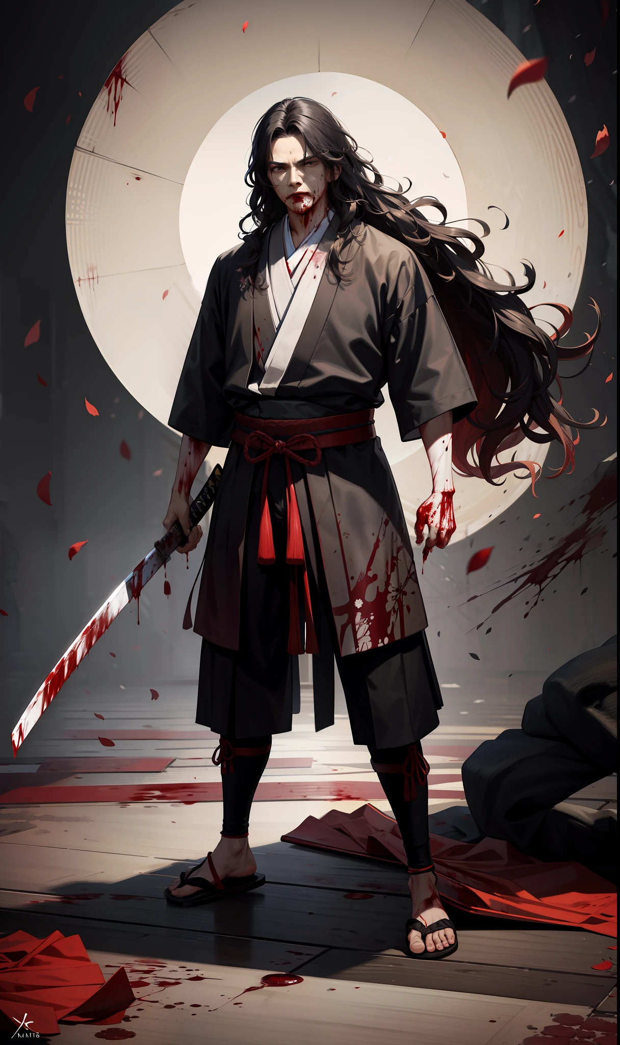 masterpiece, high quality, best quality, beautiful, hd, realistic, perfect lighting, detailed face, detailed body, (1 man), black long hair, wavy hair, (red samurai clothes), samurai, standing, wind, (sakura),sakura petals, (brutal), courageous, full body, ((blood)), highly detailed katana in hand, serious face, dark background