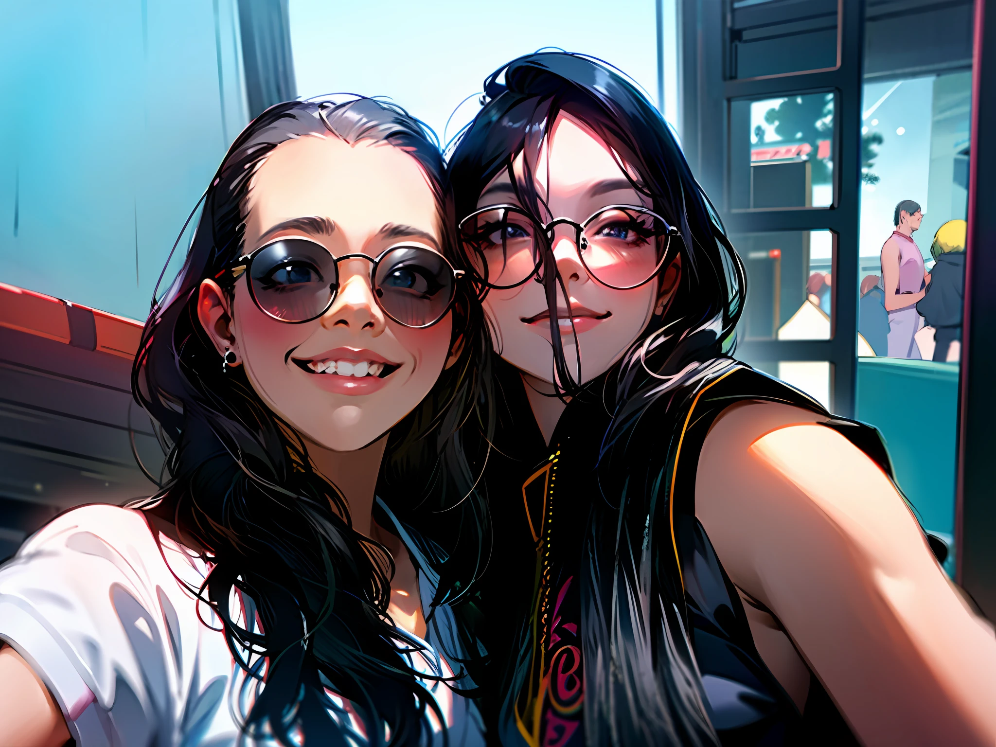 two Idols in sunglasses at a concert while posing for a photo.