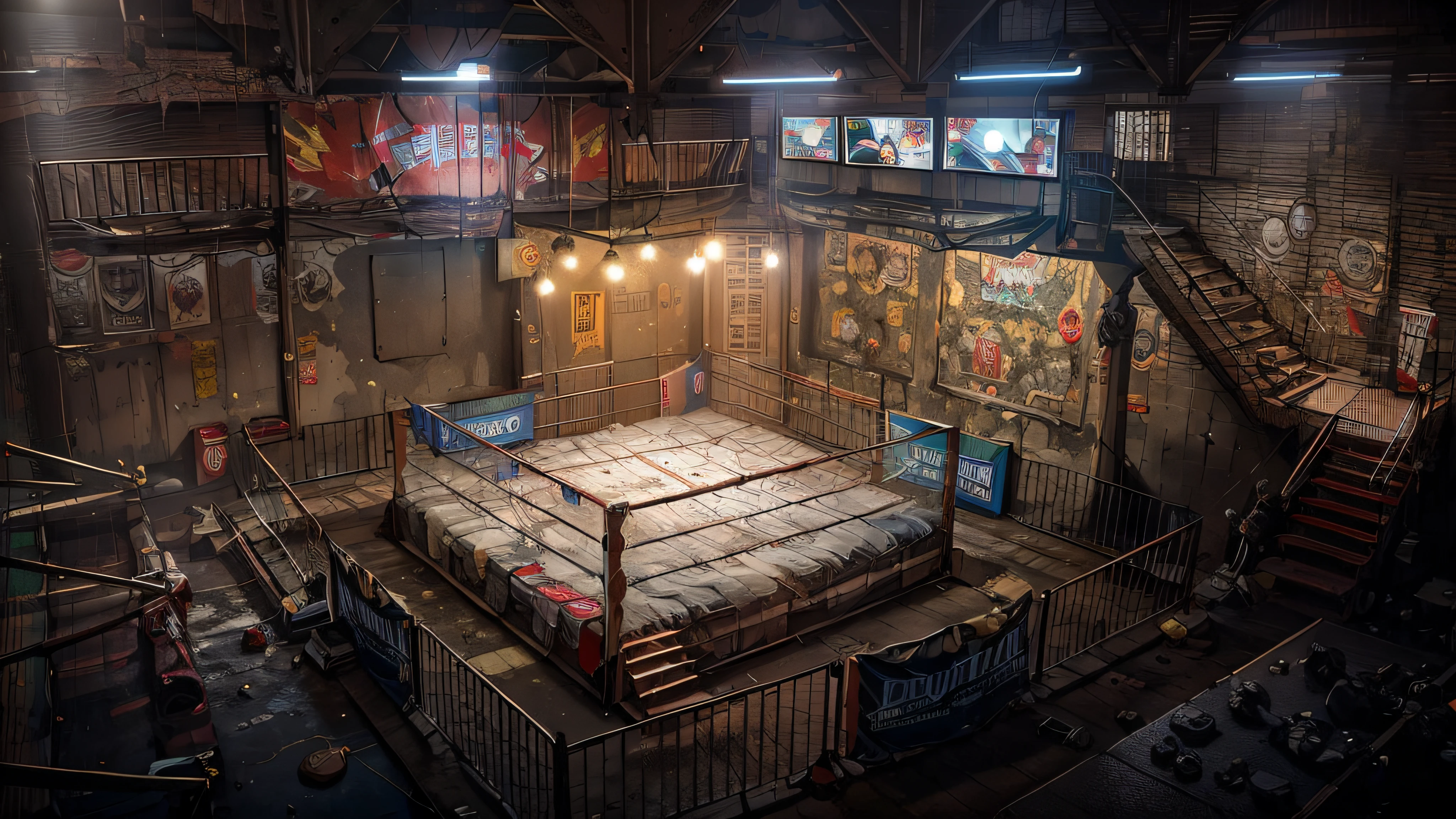 Dark forest style underground boxing gym,Two floors,Two floors,Second floor corridor,Second floor,Octagonal cage,Boxing ring,ring,boxing venue,fistfighting,sandbag,Ultra-long viewing angle,The lighting is dim,The light is dim,fisheyelens,wide wide shot,Large viewing angle,Underground casino,boxing match,well worn,clutter,illegal,Underground organizations,Underground places,Southeast Asian Boxing Gym,Underground casino,Underground casino in Thailand,Underground Black Fist,hyper HD,32K,16k,Chinese slogan,Chinese ads,The Chinese characters