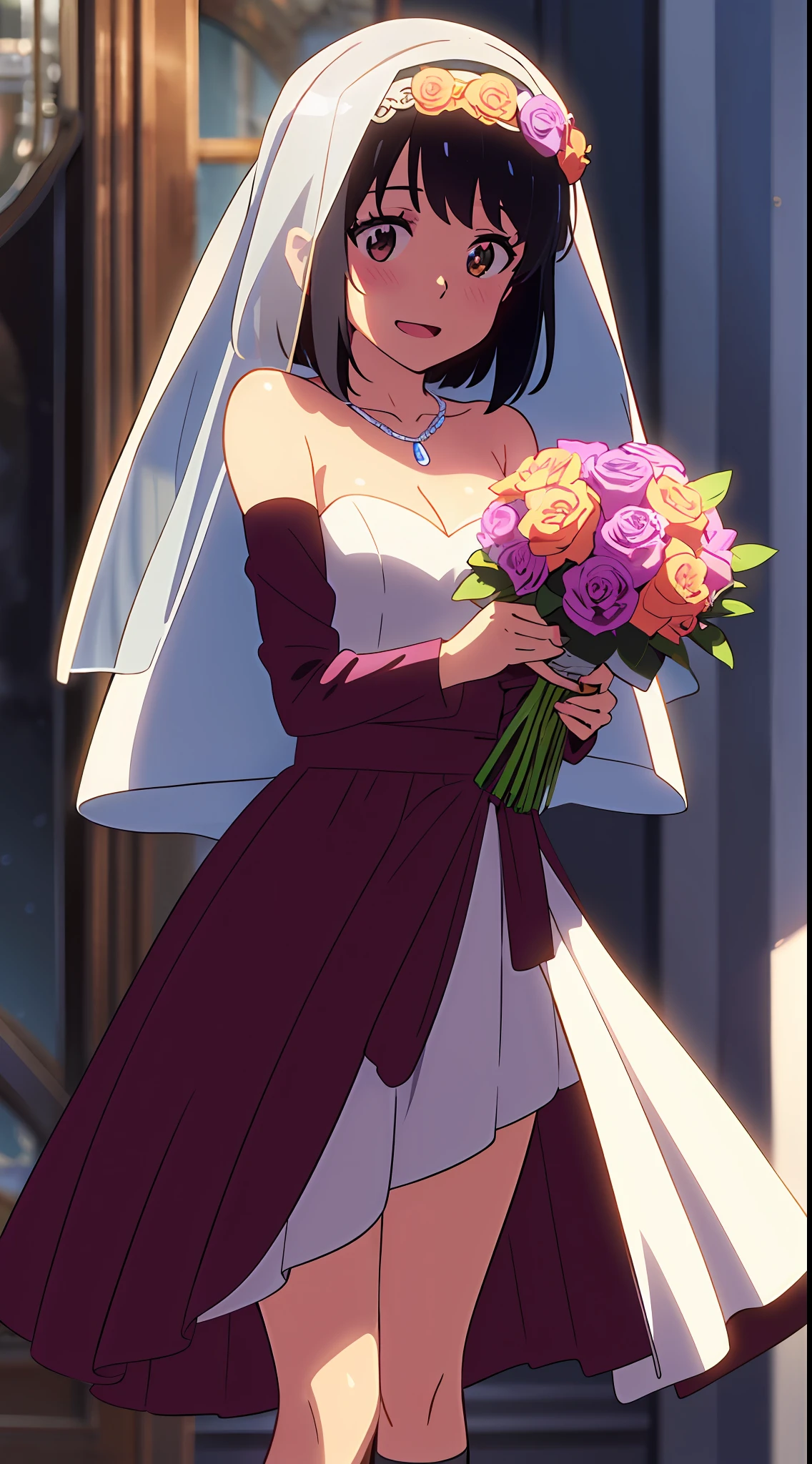 shinkai makoto, kimi no na wa., 1girl, bangs, black hair, blush, brown eyes, shiny skin, headband, flower, wedding dress, bouquet, holding a bouquet, dress, bride, pink rose, jewelry, necklace, veil, bridal veil, looking at the viewer, short hair, cute, smile, open mouth, happy, solo, bare shoulders, dutch angle, mid-socks, white socks, full body, long sleeves, cowboy shot, masterpiece