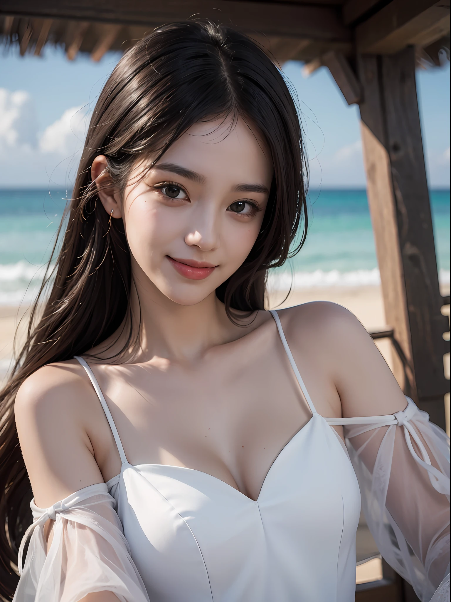 Best quality at best，tmasterpiece，photograph of-realistic，Complicated details，RAW photogr，Photon rendering，rendering by octane，absurderes，ultra - detailed，详细的脸，Detailed skins，Short white dress，cropped shoulders，Have by the sea，Clouds，The bird，sandbeach，Glowing skin，Light smile，Trends on Artstation，8K masterpiece，cinmatic lighting，（（1girl）），（（独奏)),((looking_at_viewer)),cg society,plasticien,((black long hair)),((beautiful woman)),(Smile),