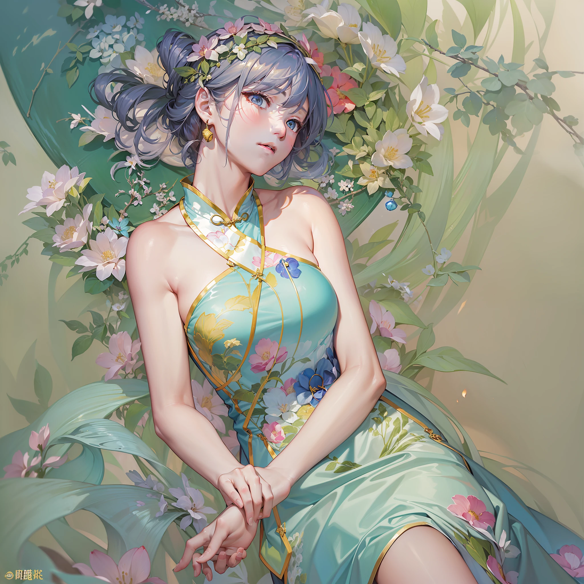 ((电影灯光、top-quality、8K、masterpiece:1.3))、focus:1.2、1girl in、perfect body type:1.4、Slim abs:1.1、((Silvery hair))、(((Blue cheongsam)))、City Street、Superfine Face、Fine Eyes、二重まぶた、Alfonse Mucha、evening glow