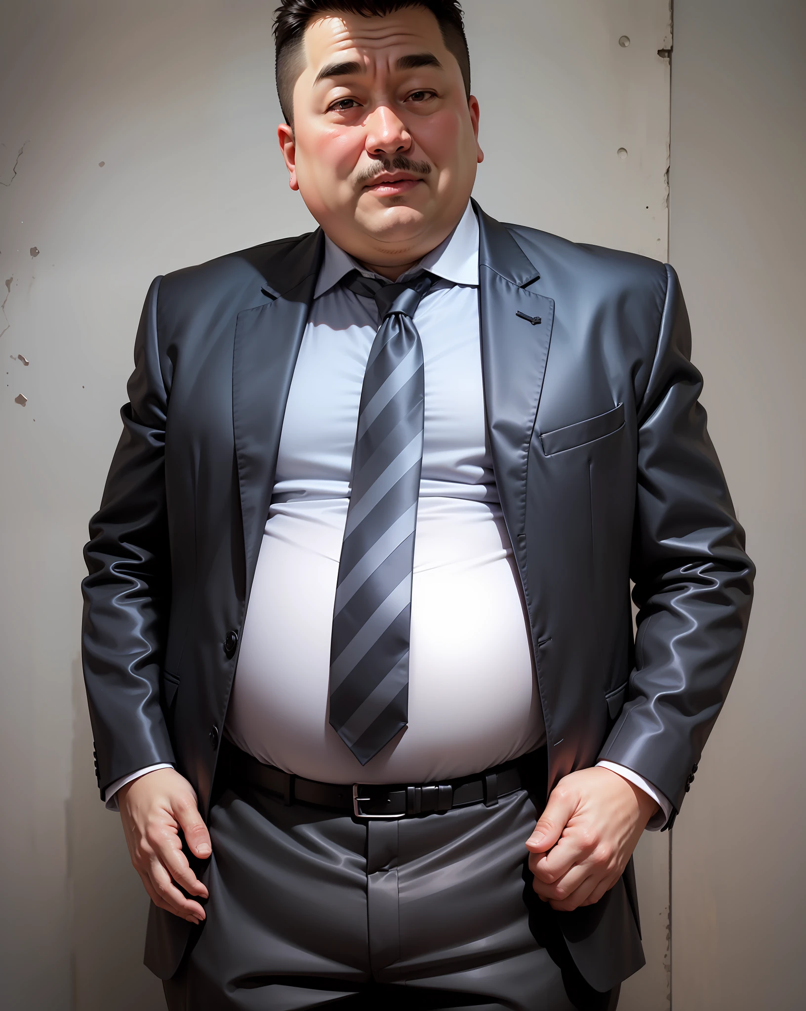 Fat uncle，with a round face，short detailed hair，ssmile，potbelly，with fair skin，White color blouse，Business suit，k hd