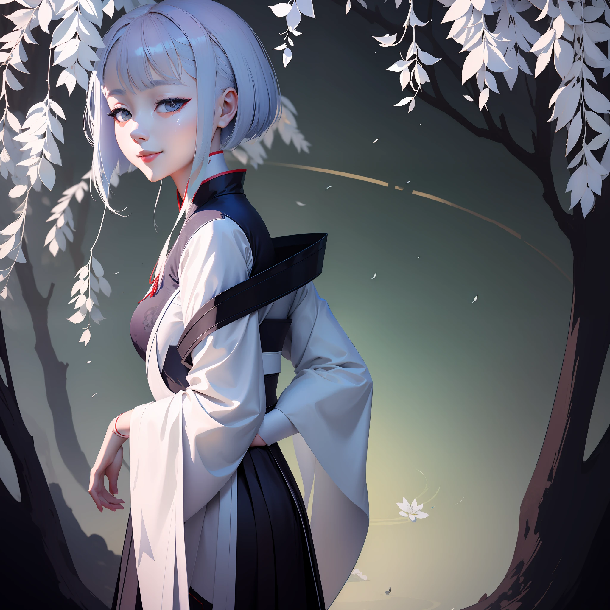 shukezouma, Negative space, , shuimobysim , Portrait of a woman standing , Willow branches, (Masterpiece, Best quality:1.2), Traditional Chinese Ink Painting, ModelShoot style, Peaceful, (Smile), view the viewer, wearing long hanfu, Hanfu, Song, Willow tree in background, wuchangshuo,