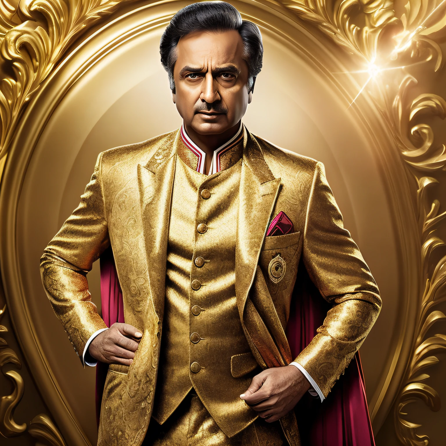 there is a man in a gold jacket and a watch, raj koothrappali as saul goodman, stalin as superman, stalin, raden saleh, highly detailed vfx portrait of, highly detailed vfx portrait, fan art, in a gold suit, christopher walken super saiyan, dressed in a jodhpuri suit, 8k portrait render, inspired by Rajmund Kanelba --auto