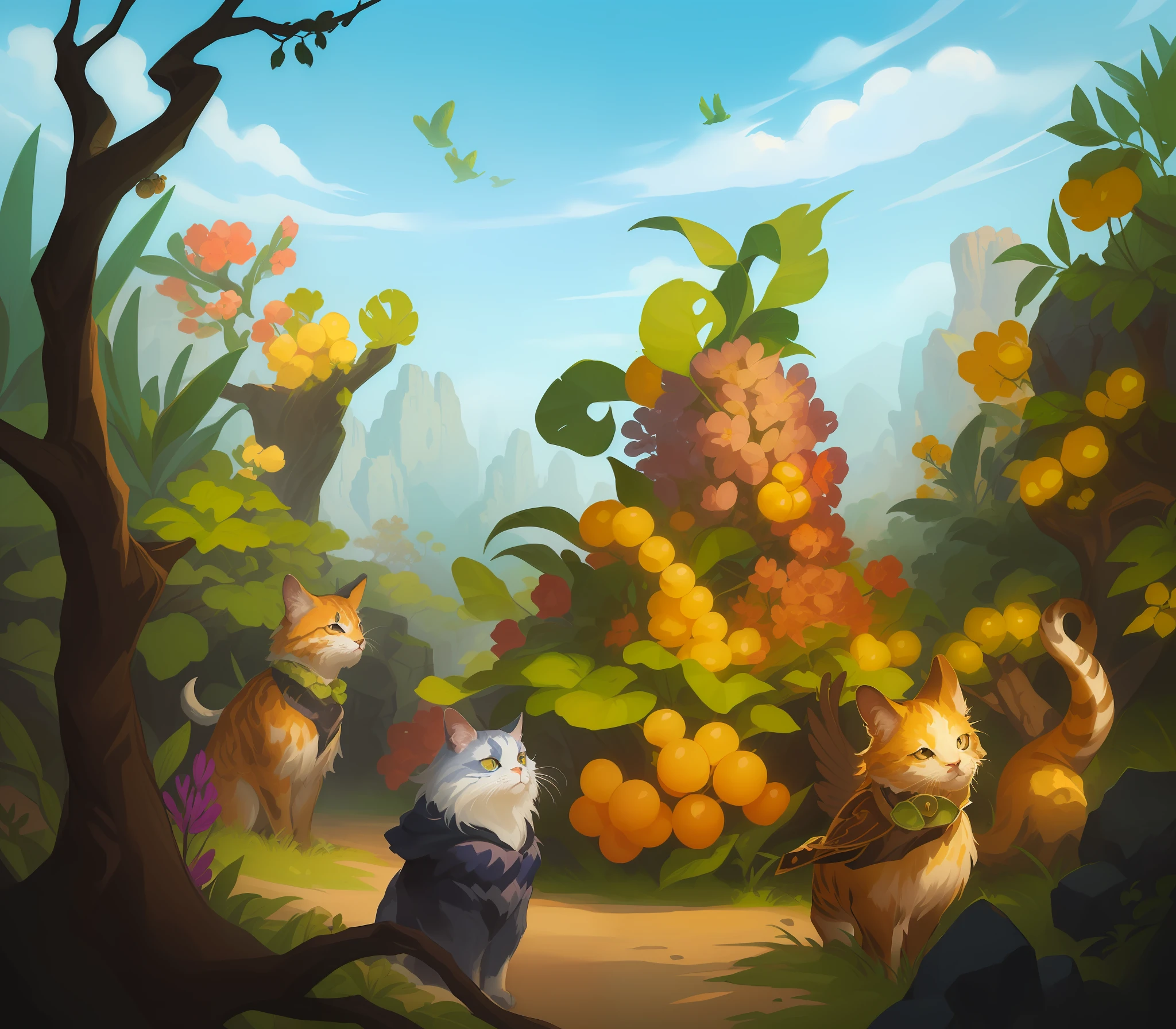There are many different animals with fruits in the jungle, full color illustration, game illustration, The Art of Mobile Games, Stylized game art, beautiful illustration, stylized concept art, painted as a game concept art, Visualized art, concept art illustration, official illustration, background illustration, Epic full-color illustration, adorable digital painting, detailed game art illustration, full art illustration