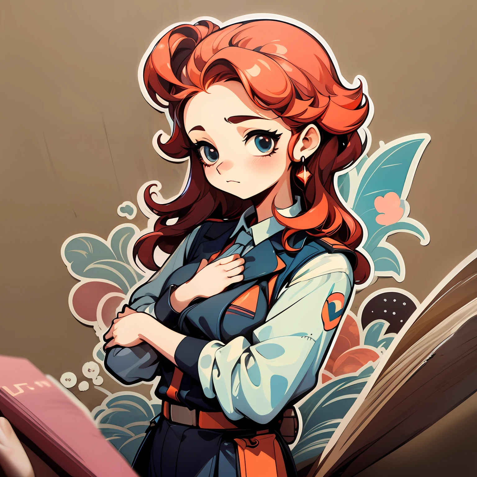1sticker,Handbook,(a sticker,1 Auntie,A half body,red tinted hair,Business suit), white backgrounid, simple backgound, dk, adolable, Little big breasts柄, pastel colour, vectorstyle, no gradien