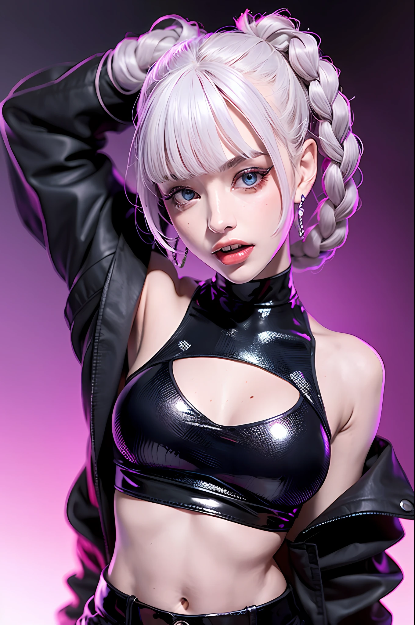 masterpiece, (photorealistic:1.4), best quality, beautiful lighting,

nanakusa nazuna, 1girl, bangs, black background, black jacket, black shirt, black shorts, blue eyes, blunt bangs, breasts, cleavage cutout, clothing cutout, crop top, eyeshadow, fangs, gradient hair, grey hair, hair rings, jacket, light purple hair, looking at viewer, makeup, multicolored hair, navel, open mouth, red eyeshadow, shirt, shorts, sleeveless, sleeveless turtleneck, sleeveless turtleneck crop top, small breasts, solo, stomach, turtleneck, turtleneck crop top, two-tone hair, vampire

RAW photo, 8k uhd, film grain