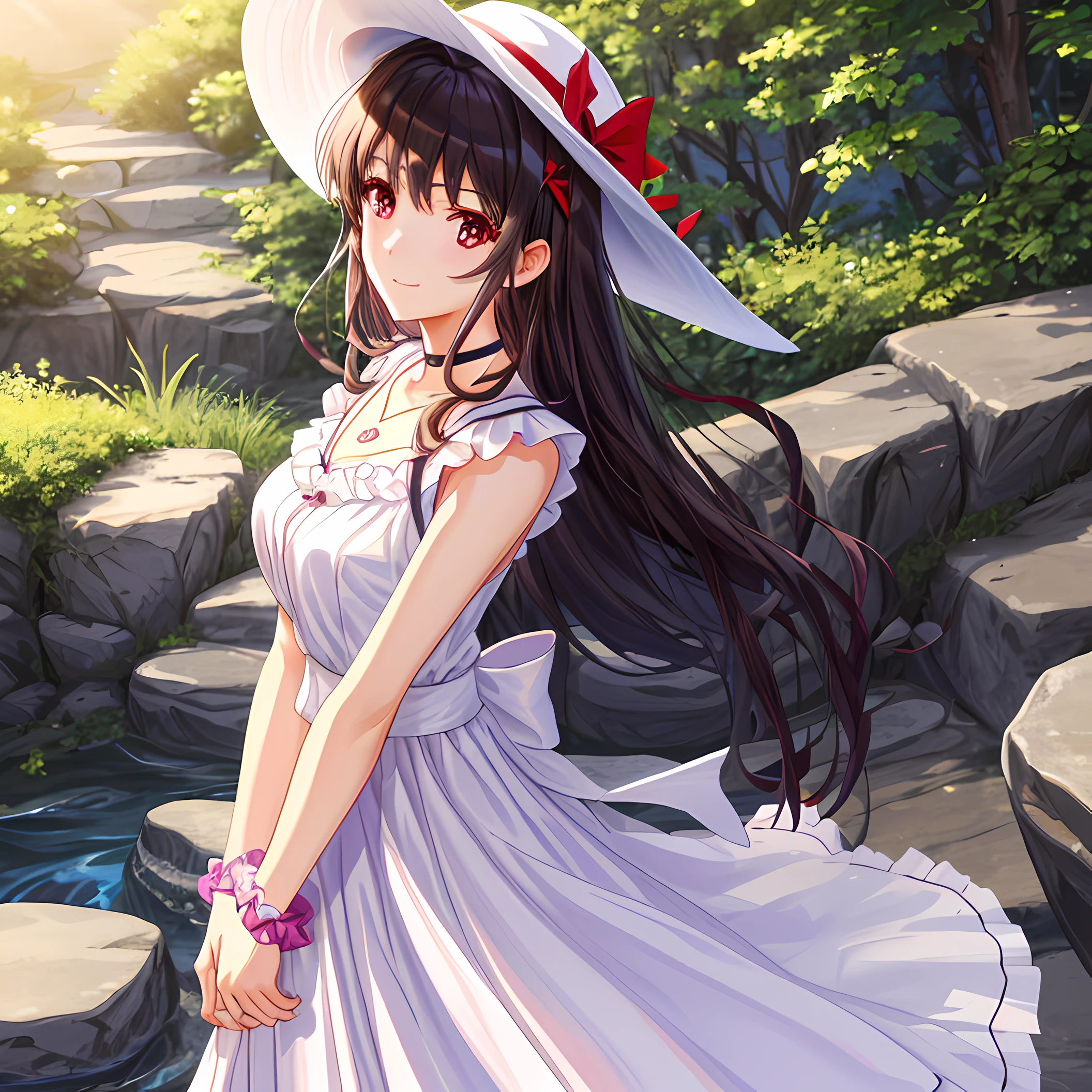 Best Quality, masutepiece, Utaha, 1girl in, Solo, hat, Jewelry, Long hair, Dress, Smile, wrist scrunchie, breasts, Sun hat, Necklace, Choker, White background, Simple background, Red Eyes, Scrunchie, White cap, cleavage, Black hair, White Dress, Sleeveless, bow ribbon, blush, Hands-on Headwear, Pendants, medium breasts, Sleeveless dress, Purple hair, Brown eyes, 鎖骨, Large breasts, Bare shoulders, Bangs