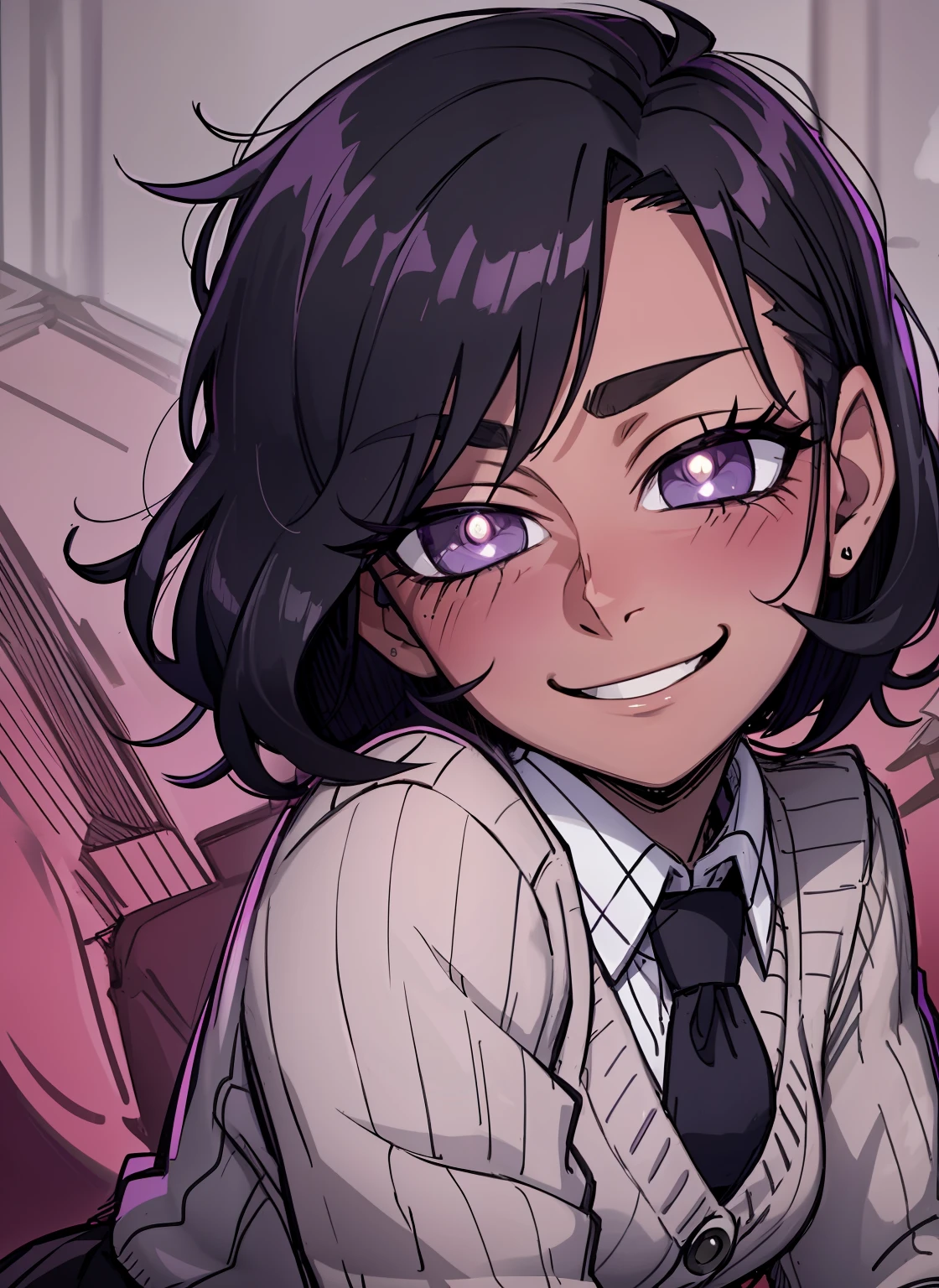 portrait, dark skin, short purple black hair, purple pupils, love in eyes, blushing, cute, smug, smile, rolling eyes, sweater purple, green necktie, short skirt, long sleeves