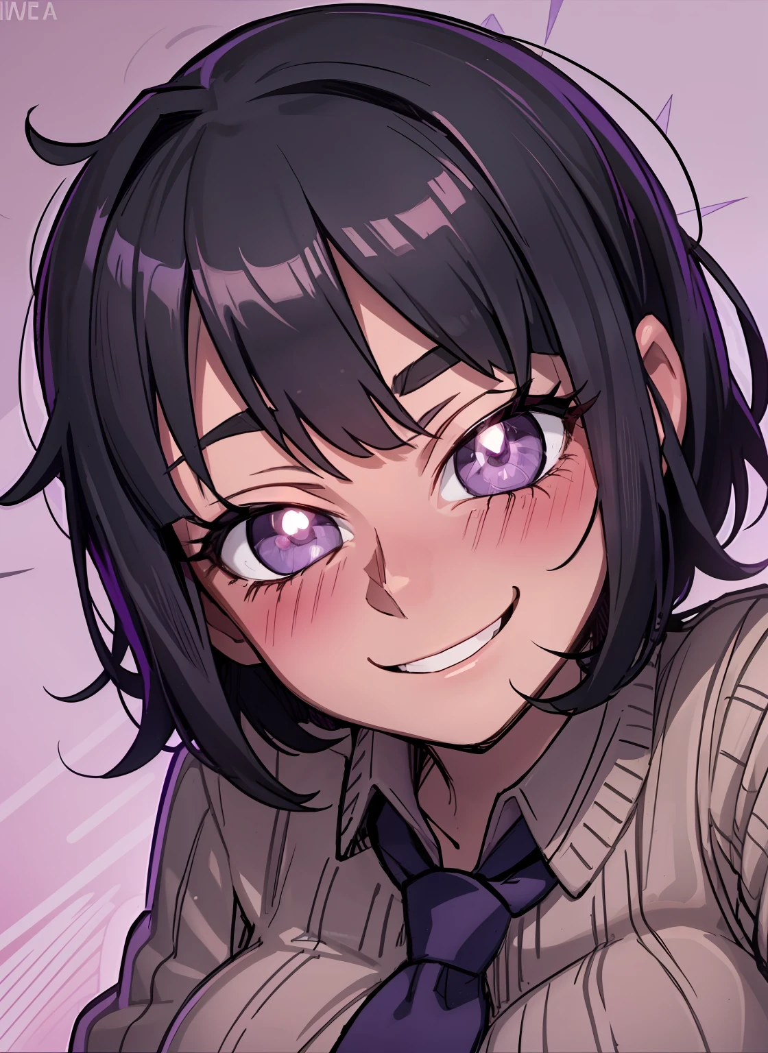 portrait, dark skin, short purple black hair, purple pupils, love in eyes, blushing, cute, smug, smile, rolling eyes, sweater purple, green necktie, short skirt, long sleeves