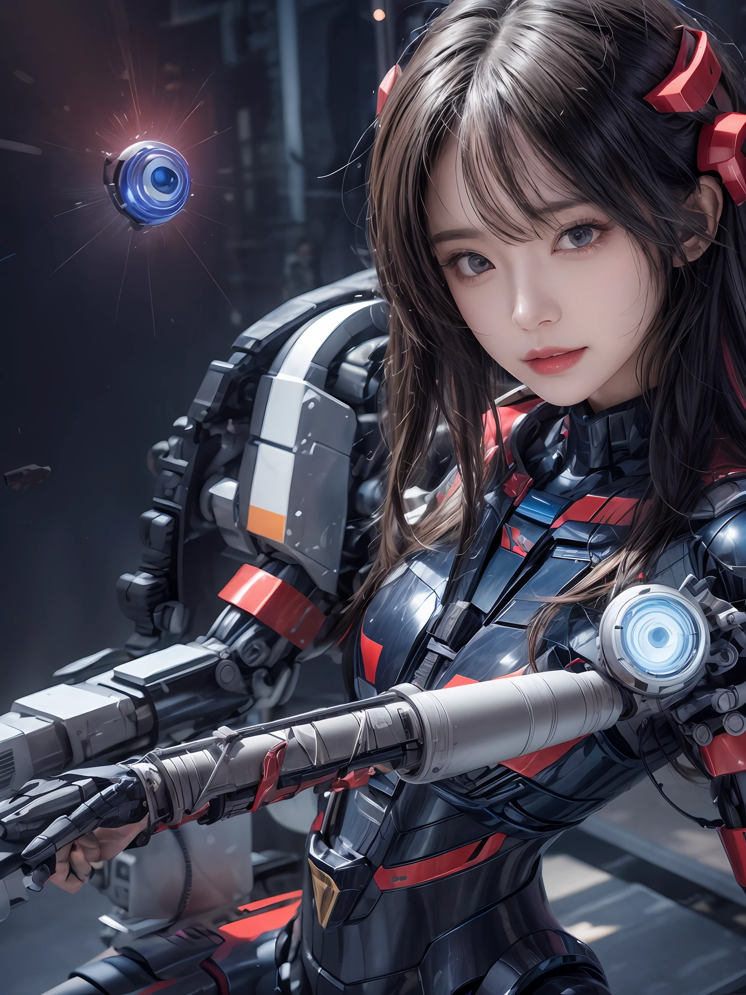 ((tmasterpiece,best qualtiy)),illustratio,Ultra-detailed 8K,Photorealsitic,Clear focus,A highly detailed,Professional lighting,Colorful Detailed,Rainbow color BREAK factory super long shot,Optimus Prime structure of a large mechanical robot,micro Chip,computers,with light glowing,Complicated details,shitu-mecha,1girl stands in front of the audience,nabel