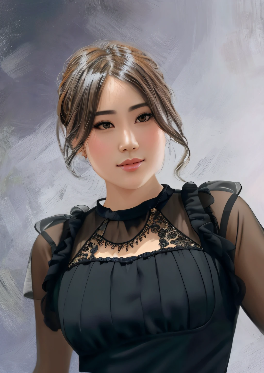 a woman in a black dress posing for a picture, digitalpainting, detailed picture, in the art style of bowater, digital art of an elegant, based on Sim Sachjong, portrait of female Korean idol, airbrush digital oil painting, photorealistic artstyle, inspired by Zhang Yin, Digital Painting Style, in the style of oil painting, Digital oil painting, realism art style