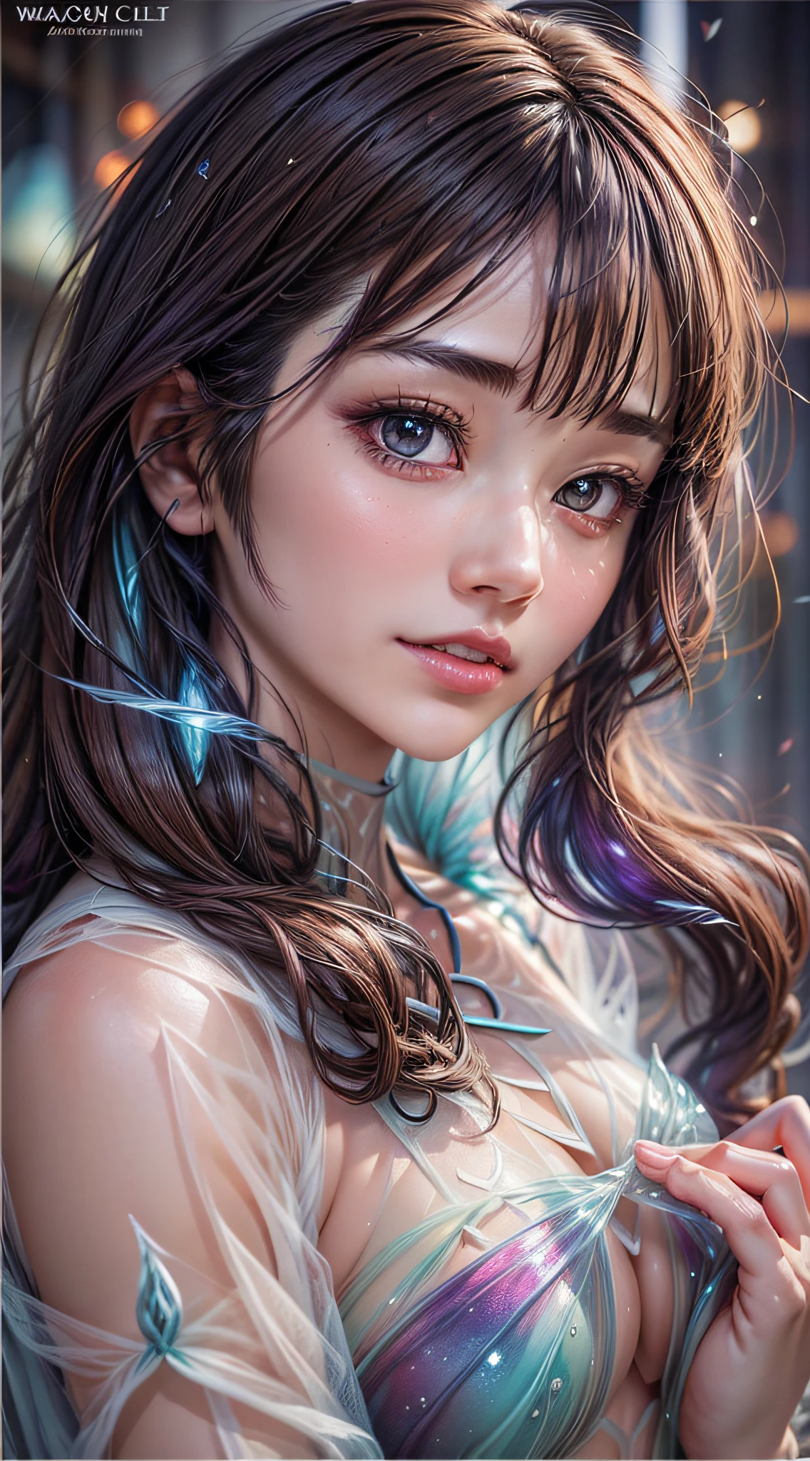 Beautiful girl story wrapped in love, Beautiful eye details, A captivating anime girl gracefully emerges from the pages of a watercolor painting, Her vivid and complex colors are, Bring your artwork to life, (see-through transparent clothes, Transparent costume:1.5), She dons an extraordinary fantasy costume adorned with delicate details, reflecting the enchanting world she inhabits, Luminescent elements, like glowing crystals and ethereal wisps, surround her, casting a soft, otherworldly glow, The style of watercolor painting is、Imbues the image with a sense of fluidity and delicacy, as if the colors are effortlessly blending and bleeding into one another, Camera shot: medium shot, Soft Focus, Luminescent glow illumination, watercolor brushstrokes, Sophisticated and very delicate anime illustration, unique colors, Portrait of an anime girl, infinite love, Irridescent color, beautiful girl illuminated by seven colors of light,