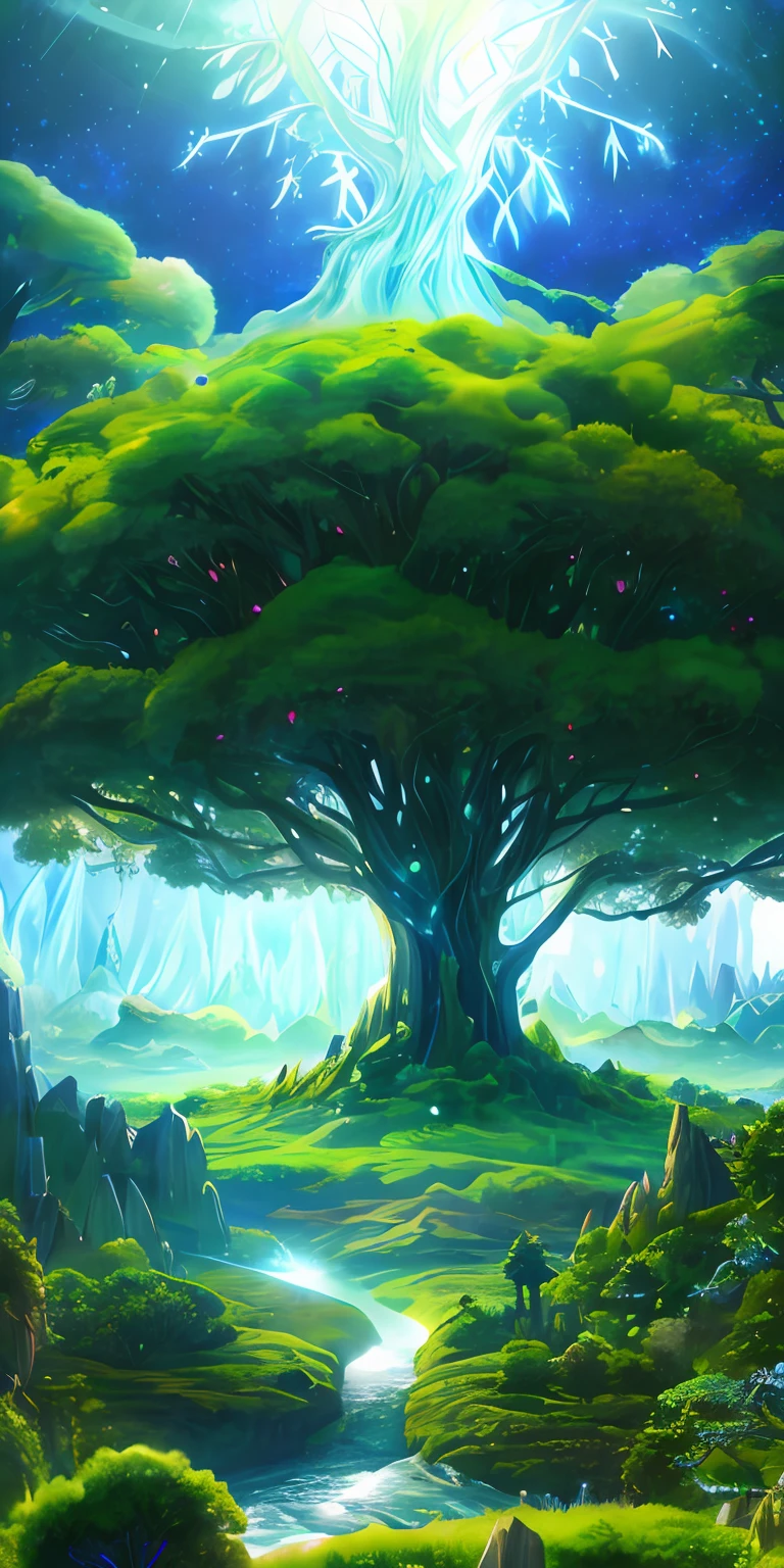 Illustration of a surreal, otherworldly, hyper sky scene including a giant crystal tree full body, highly detailed and magical lighting, intricate forest details, vegetation and surrounding river, solar punk, landscape, giant tree , beautiful green leaves, beautiful lighting and realistic proportions, as if this is a movie background, 8k, highest quality, masterpiece, clouds and stars in the sky.