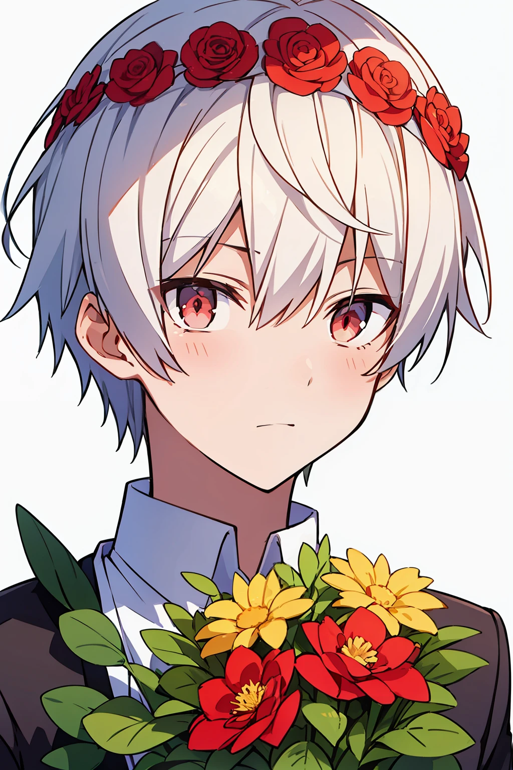 (high-quality, breathtaking),(expressive eyes, perfect face), 1boy, male, solo, short, young boy, short white hair, red eyes, white shirt, flower crown, red thread of fate, white background,  hold a bouquet