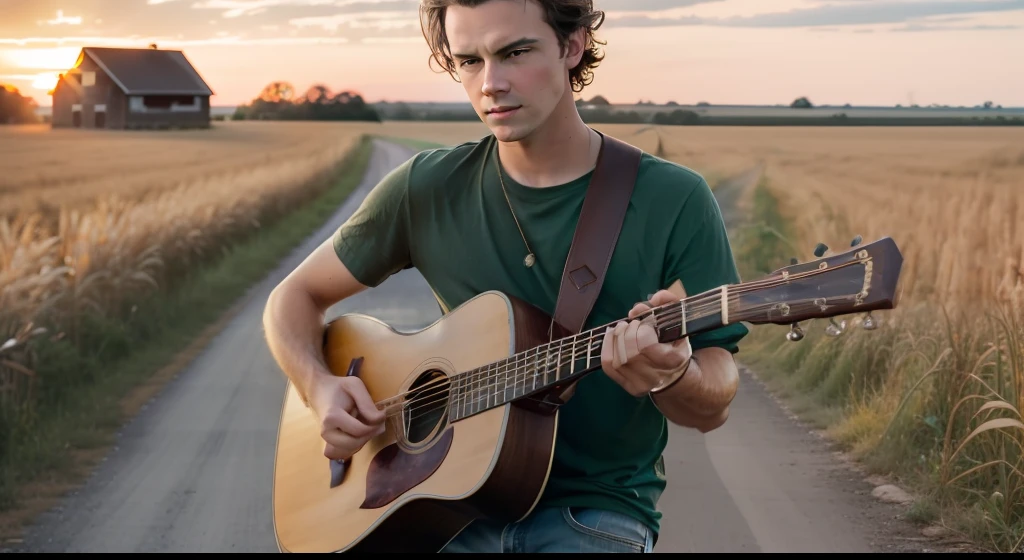 movie scene, cinematic, boy, dark brown hair, medium hair, wavy hair, visible forehead, green eyes, pointy nose, skinny, white t-shirt, denim shirt, jeans, holding old acoustic guitar, standing at crossroad, Nebraska corn field, golden hour