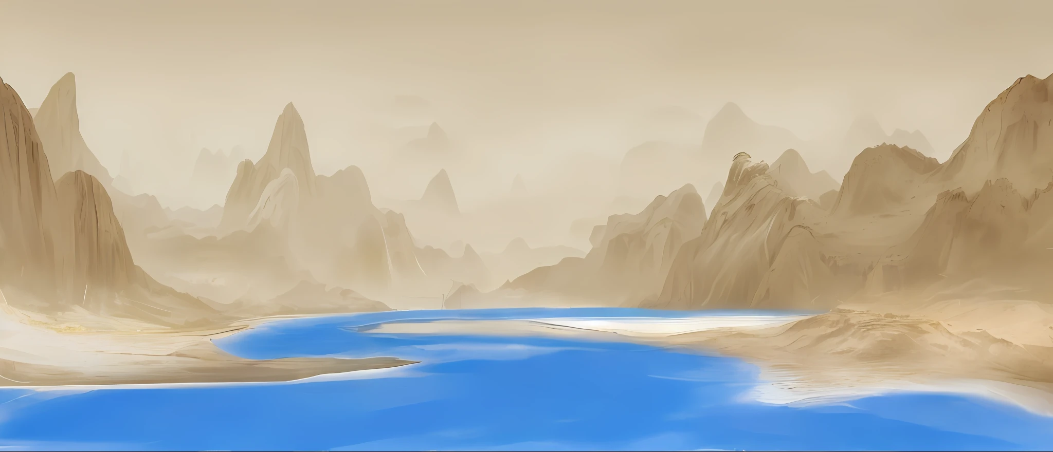 The painting has mountainous river-mountain landscapes, Chinese landscape, Detailed scenery —width 672, digital landscape art, Inspired by Ma Yuan, Anime landscape, environment painting, peaceful scenery, painted landscape, arte de fundo, background artwork, matte digital painting, distant villagescape, water landscape, distant village background, digital painting concept art
