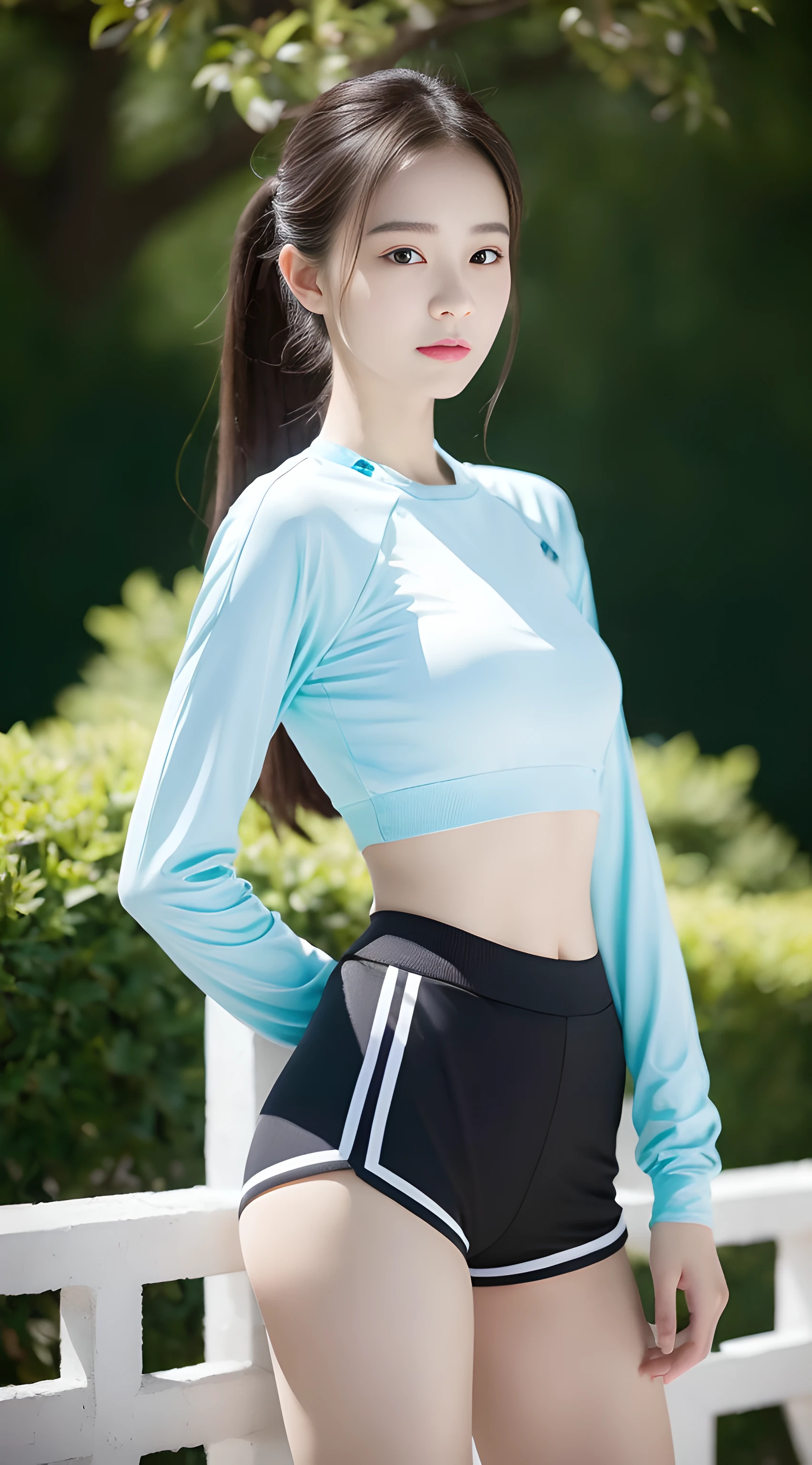 A woman wearing tight sports long sleeves and tight sports shorts poses for a photo,A photograph inspired by Ma Yuanyu,Tumblr,hentail realism,dilraba dilmurat,beautiful Korean women,Korean girls,cute korean actress,Beautiful Korean young woman,gorgeous korean young woman,Young and cute Korean face,Kim Young-hin,ruan jia beautiful!,Korean female fashion model