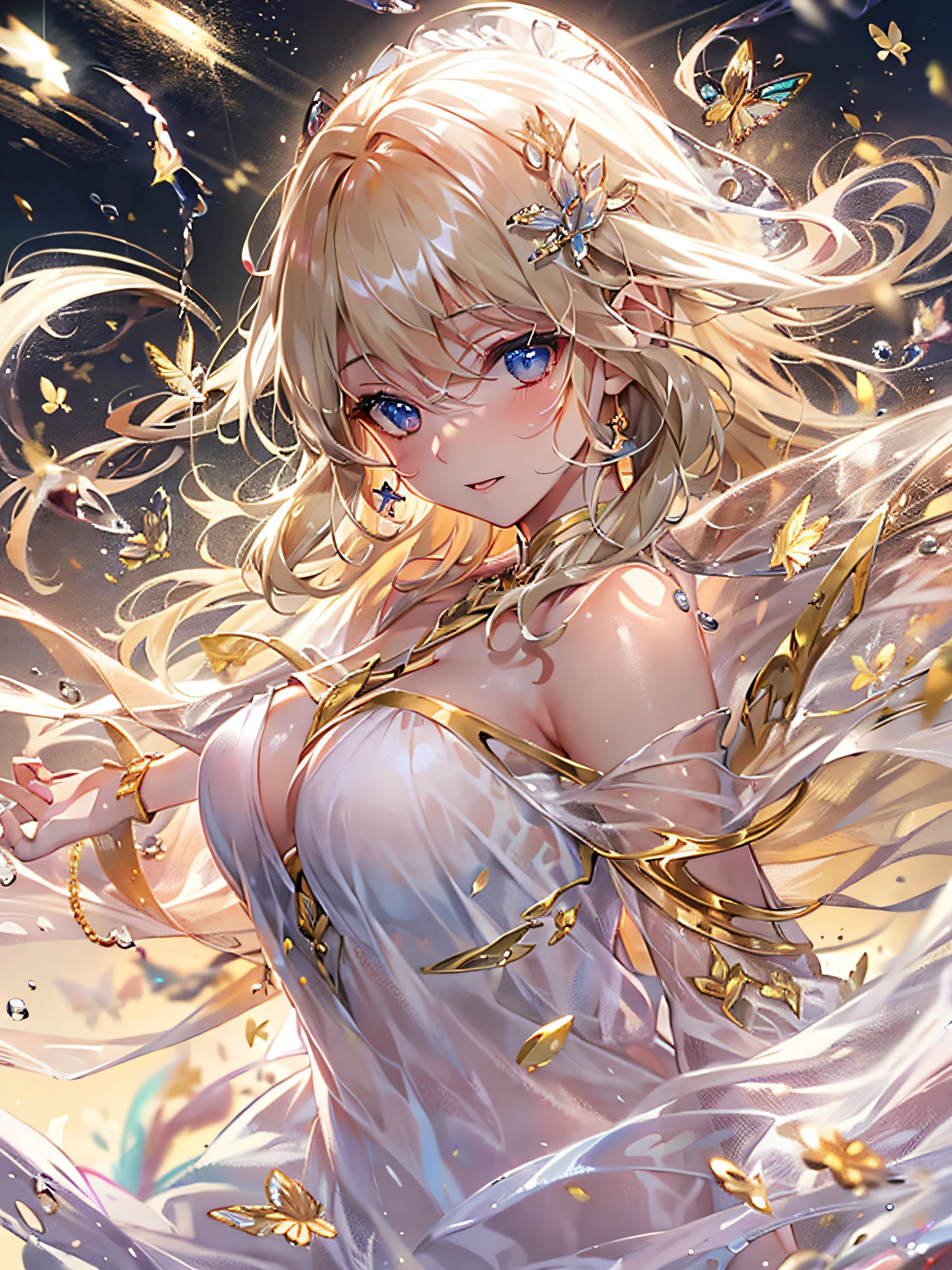 angel, super beautiful, colorful splashing, hiten, clear and beautiful, mysterious, beautifully painted, female, very long hair, bangs, floating hair, blonde hair, hair fluttering in the wind, delicate beautiful face, light smile, bright skin, white dress with gold decoration, Floating light spot, beautiful and clear background, Absurd, very fine 8K CG wallpaper, absurdres, highres, masterpiece:1.4, best quality:1.2