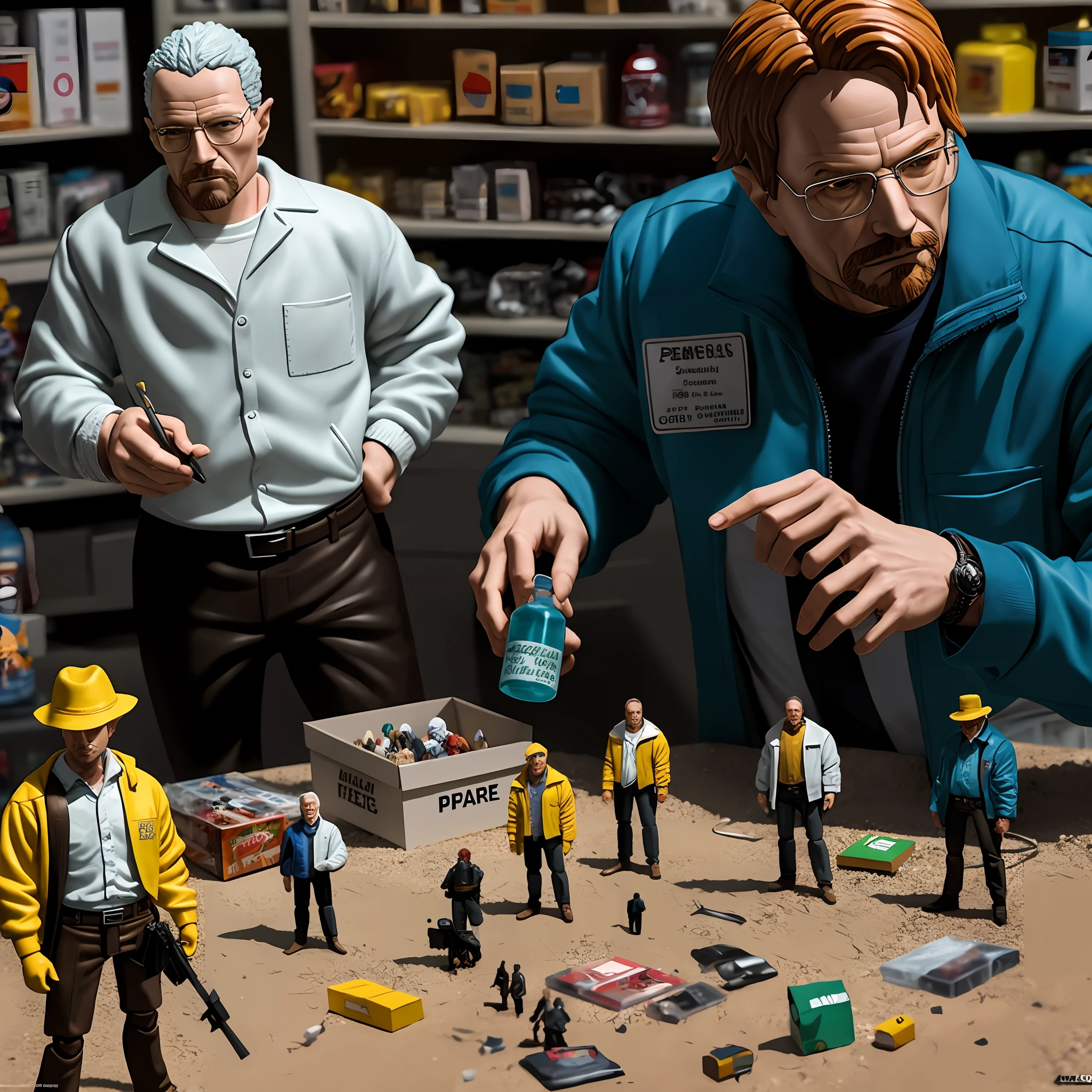 Breaking Bad characters action figures with accessories, box art, action figure box, malefigure, hyper-realistic photography, taken with a professional camera, depth of field, 8k