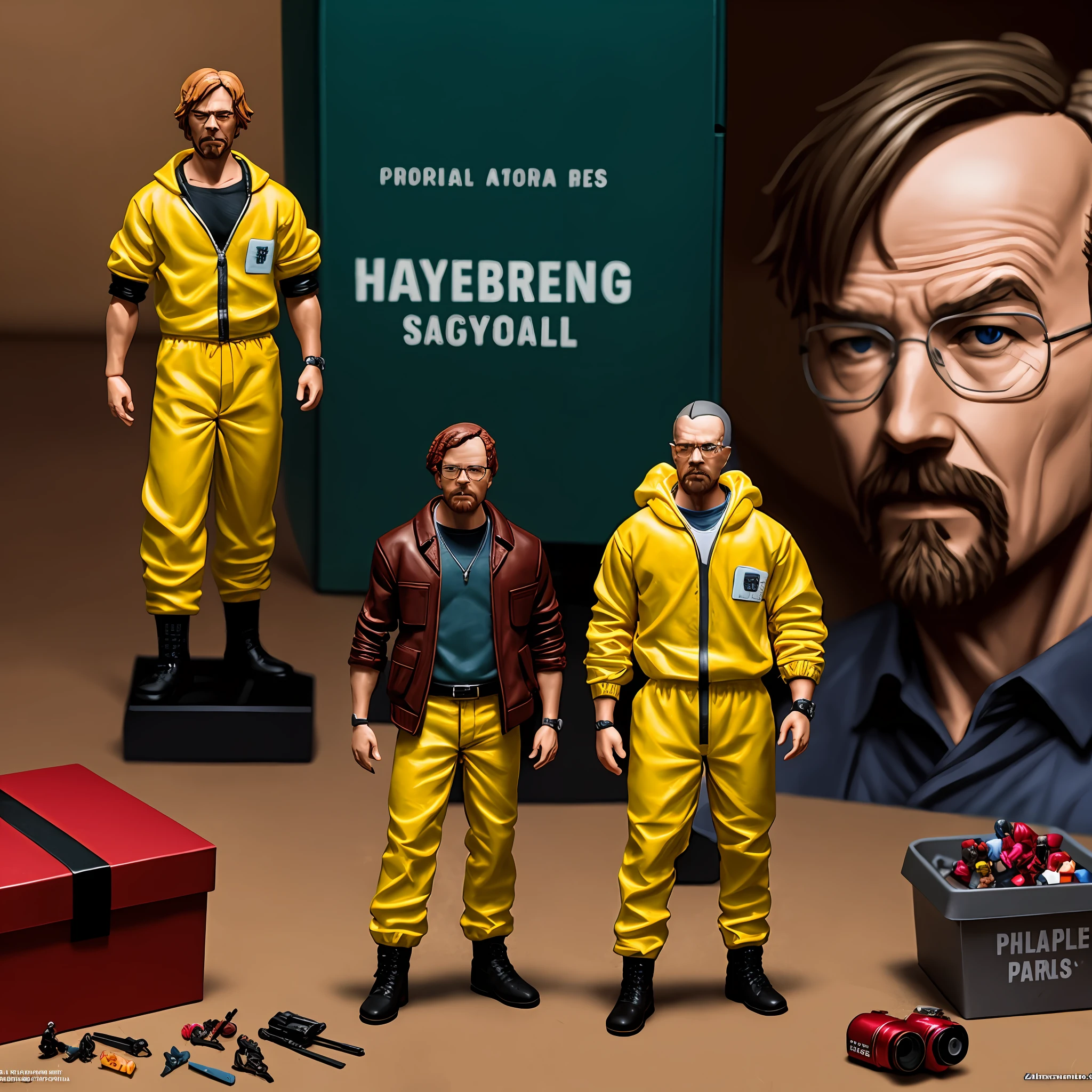 Breaking Bad characters action figures with accessories, box art, action figure box, malefigure, hyper-realistic photography, taken with a professional camera, depth of field, 8k