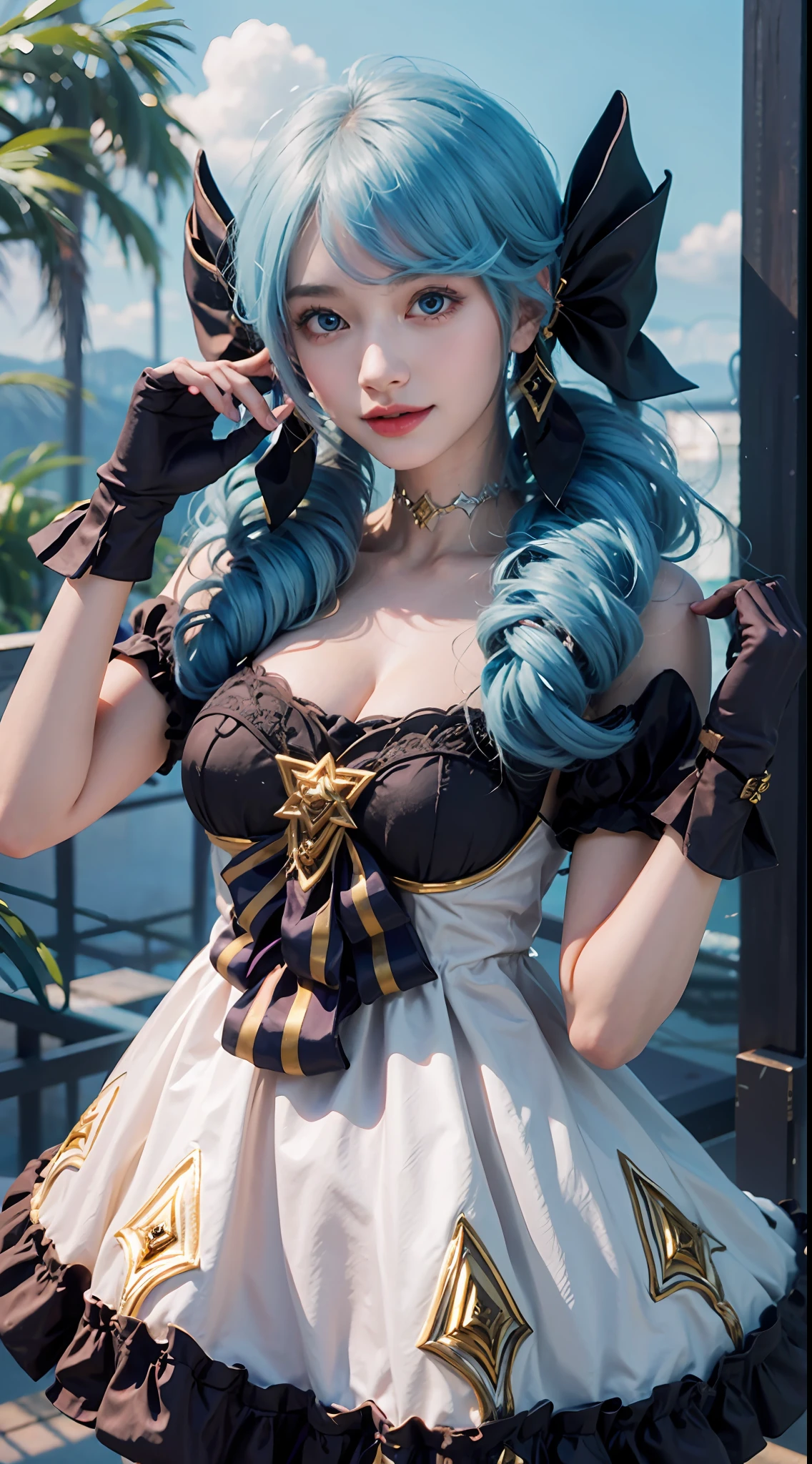 1girll, absurderes, Black bow, Black gloves, black sock, Blue eyes, Blue hair, bow, 鎖骨, dress, Drill hair, frill dress, frilld, mitts, Gwen \(League of Legends\), hair adornments, A high resolution, League of Legends, Long hair, parted lip, Puffy sleeves, Pink pupils, Smile, Solo, White dress, X, Tenth hair ornament,Large breasts,One hand hangs down