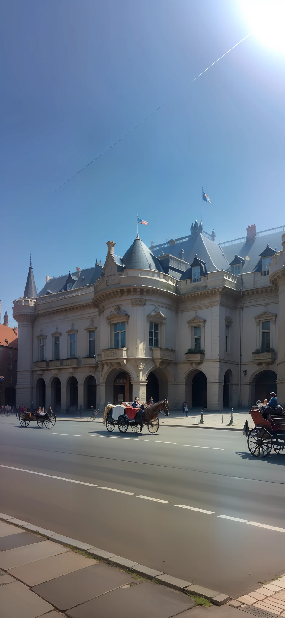 Fairytale Castle Circus, horse-drawn carriages, Road made of paving stones, higly detailed, hiquality, Intricate