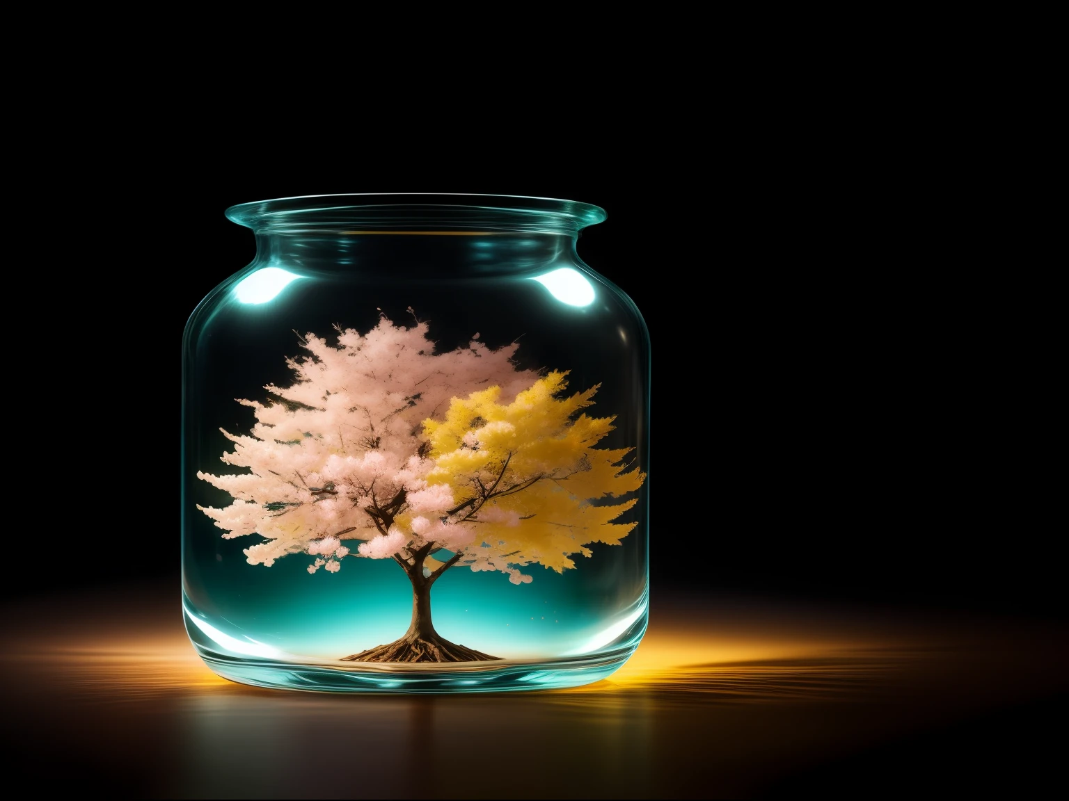sakura tree in a bottle, fluffy, realistic, atmospheric light refraction, by lee jeffries nikon d850 film stock photograph 4 kodak portra 400 camera f1.6 lens rich colors hyper realistic lifelike texture dramatic lighting unreal engine trending on artstation cinestill 800, Style-Glass