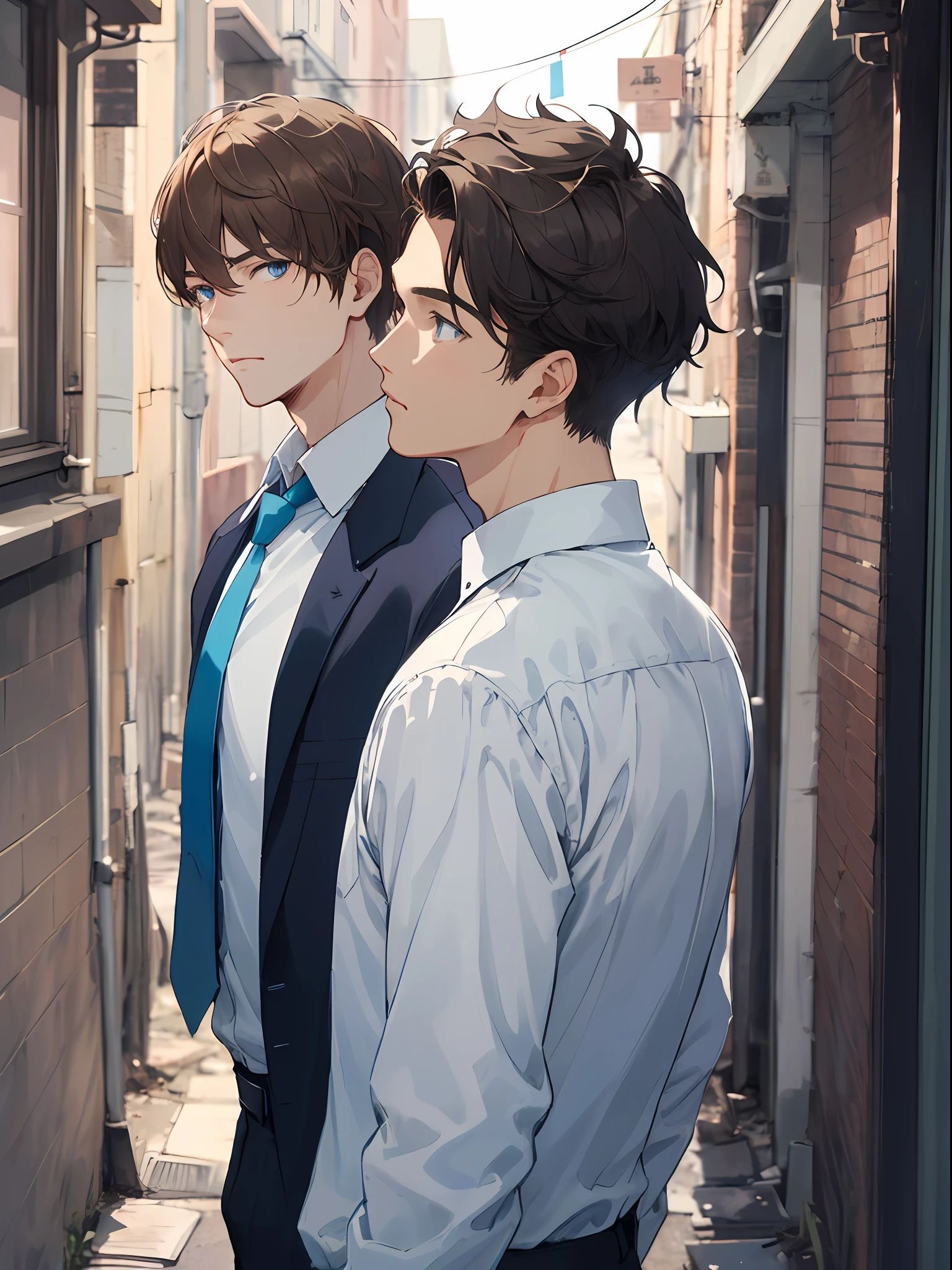 30 years old men,adult-like、tall、 Cool Mousse Brown Hair, White skin, Blue eyes, ((Navy blue shirt and white tie))、 A little condescending eyes、Very high quality empty back alleys, High image quality, Extremely delicate drawing.