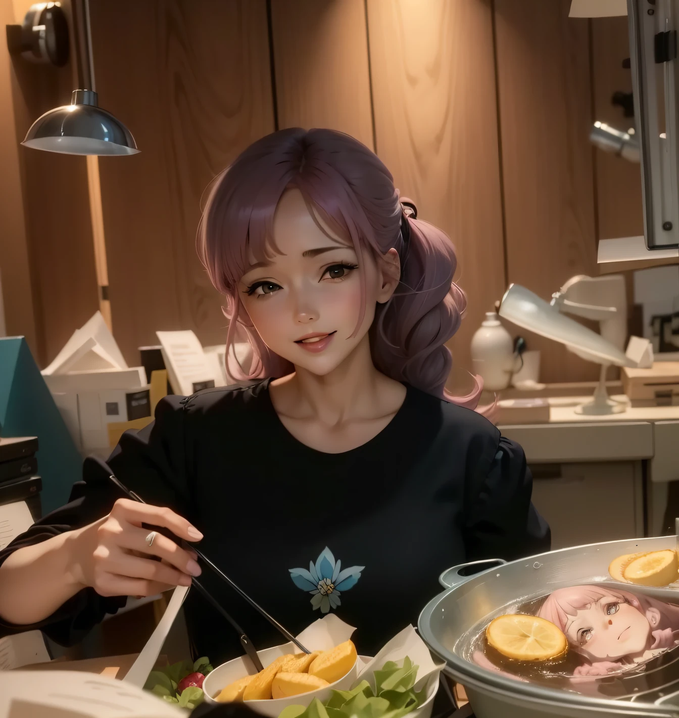 ((masterpiece, best)),(1girl),((mature woman)), light pink hair, dizzy, trumpet, ((office lady)), bangs, mid-chest, (full), slim, smiling, [wide hips] ,office,standing, aru \(blue archive\), --auto