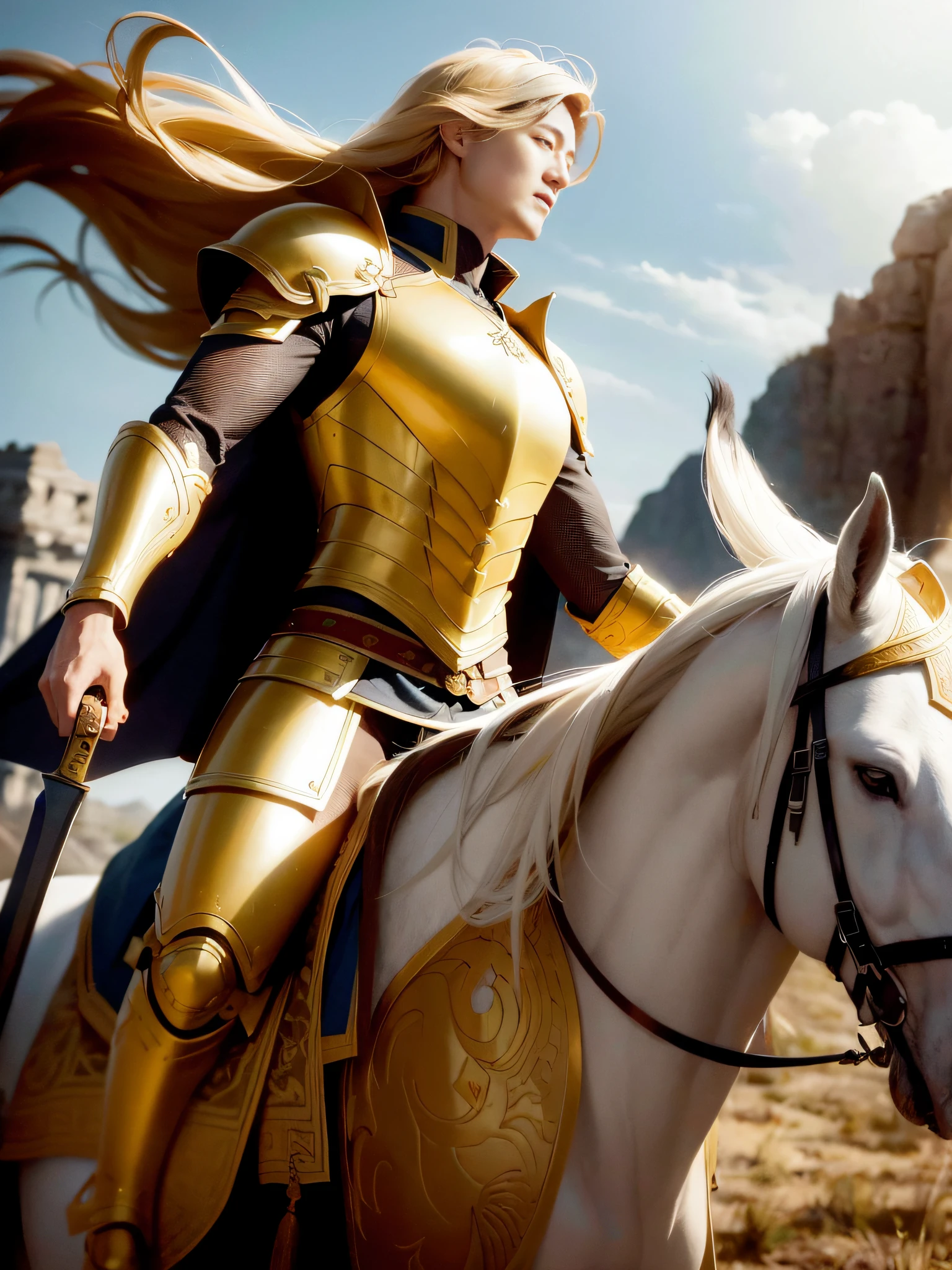 ultra-realistic realism,Cinematic lighting,Very detailed CG illustration,A delicate and beautiful man in golden armor,Armed with a long knife,March on horseback Warm background of ancient battlefield without helmet Long hair fluttering Chinese style