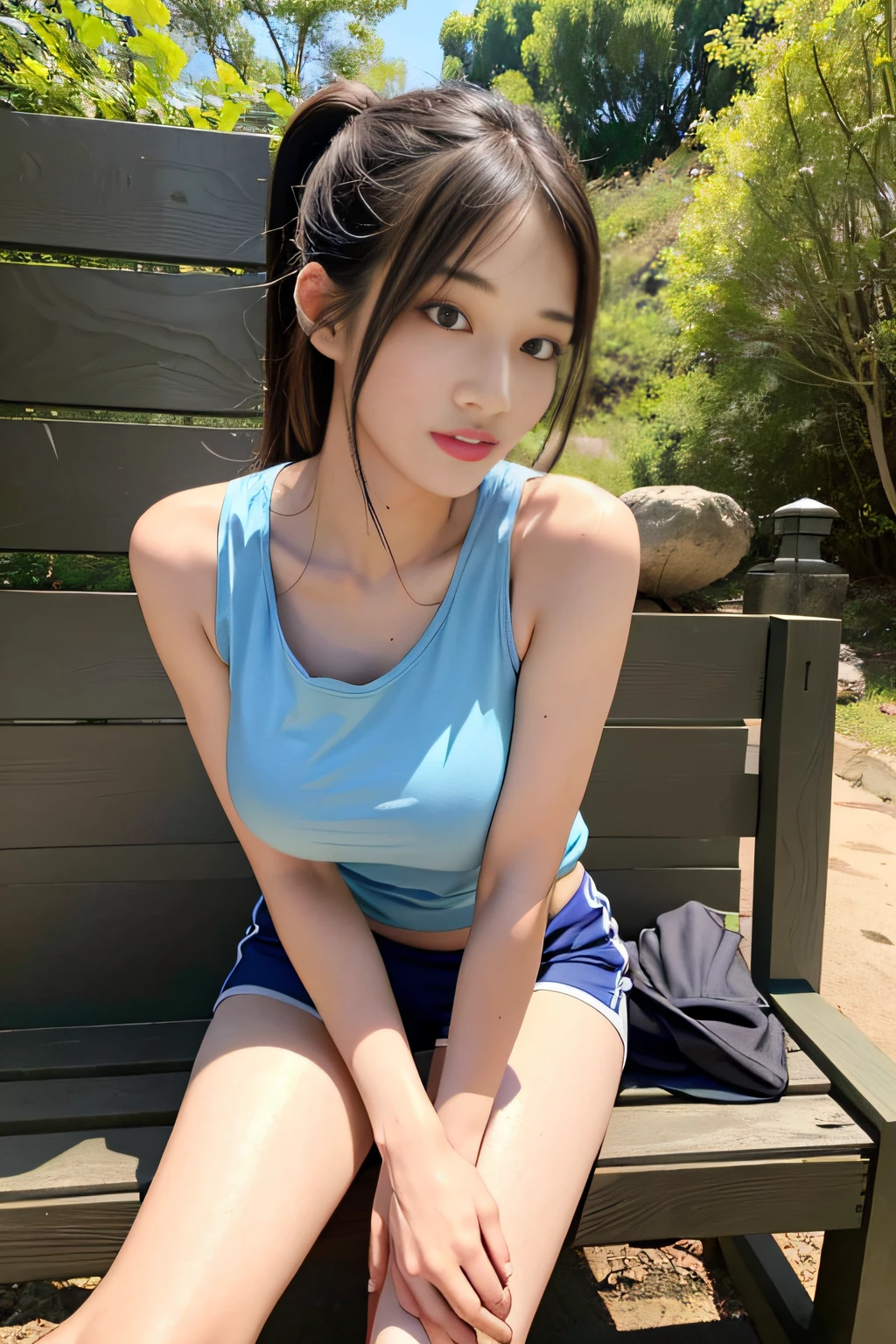 An Asian girl，jpn，Delicate facial features，Vivid eyes，Tall and tall，long leges，Large breasts，tmasterpiece，8K，primitive,professional photoshooting，exteriors，depth of fields，sweat shorts，Sport Tank Top，Fujifilm style