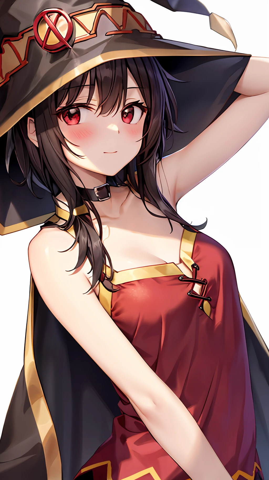Real Style, neoartcore、Megumin、1girl in、Plain shoulders、Black cloak、A dark-haired、red blush、cape、a choker、鎖骨、See-through camisole、Hair between the eyes、see the beholder、middle hair、off shoulders、red eyes、side locks、独奏、((masterpiece))、