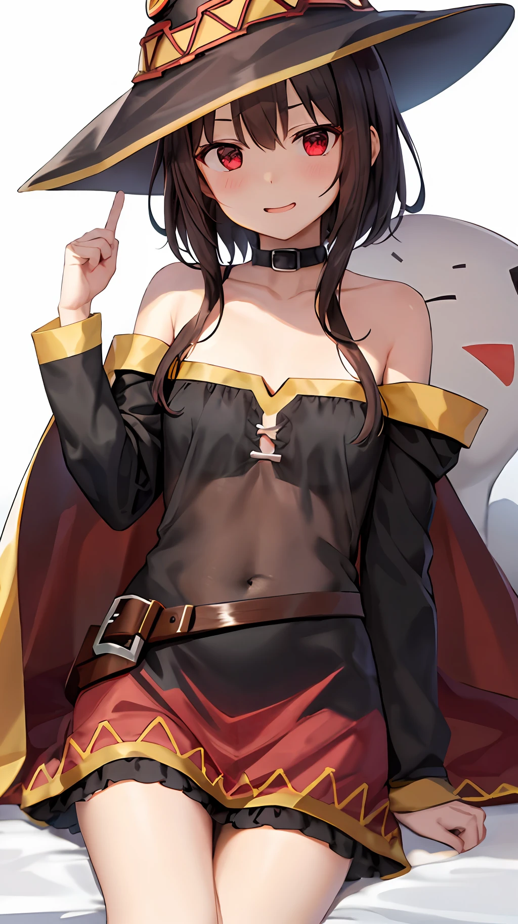 Real Style, neoartcore、Megumin、1girl in、Plain shoulders、Black cloak、A dark-haired、red blush、cape、a choker、鎖骨、See-through camisole、Hair between the eyes、see the beholder、middle hair、off shoulders、red eyes、side locks、独奏、((​masterpiece))、