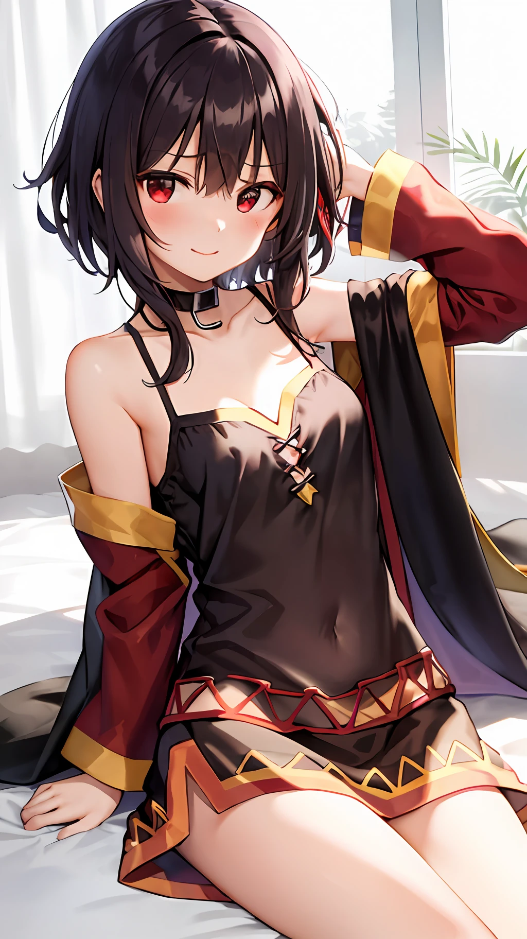 Real Style, neoartcore、Megumin、1girl in、Plain shoulders、Black cloak、A dark-haired、red blush、cape、a choker、鎖骨、See-through camisole、Hair between the eyes、see the beholder、middle hair、off shoulders、red eyes、side locks、独奏、((masterpiece))、