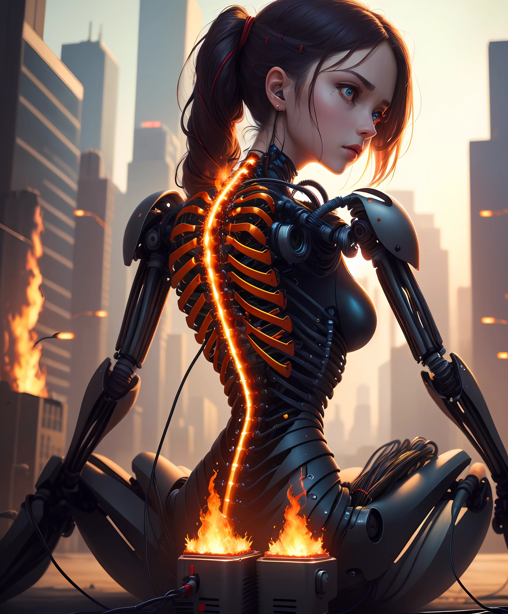(((masterpiece))), (((best quality))), ((ultra-detailed)), (highly detailed CG illustration), ((an extremely delicate and beautiful)),(from side),cinematic light,((1mechanical girl)),solo,half body,(machine made joints:1.2),((machanical limbs)),(blood vessels connected to tubes),(mechanical vertebra attaching to back),((mechanical cervial attaching to neck)),(sitting),expressionless,(wires and cables attaching to neck:1.2),(wires and cables on head:1.2)(character focus),science fiction,city background, extreme detailed,colorful,highest detailed,(face shadow (extra detailed,best performance)), laser eyes (detailed red))fire in holes of hands)