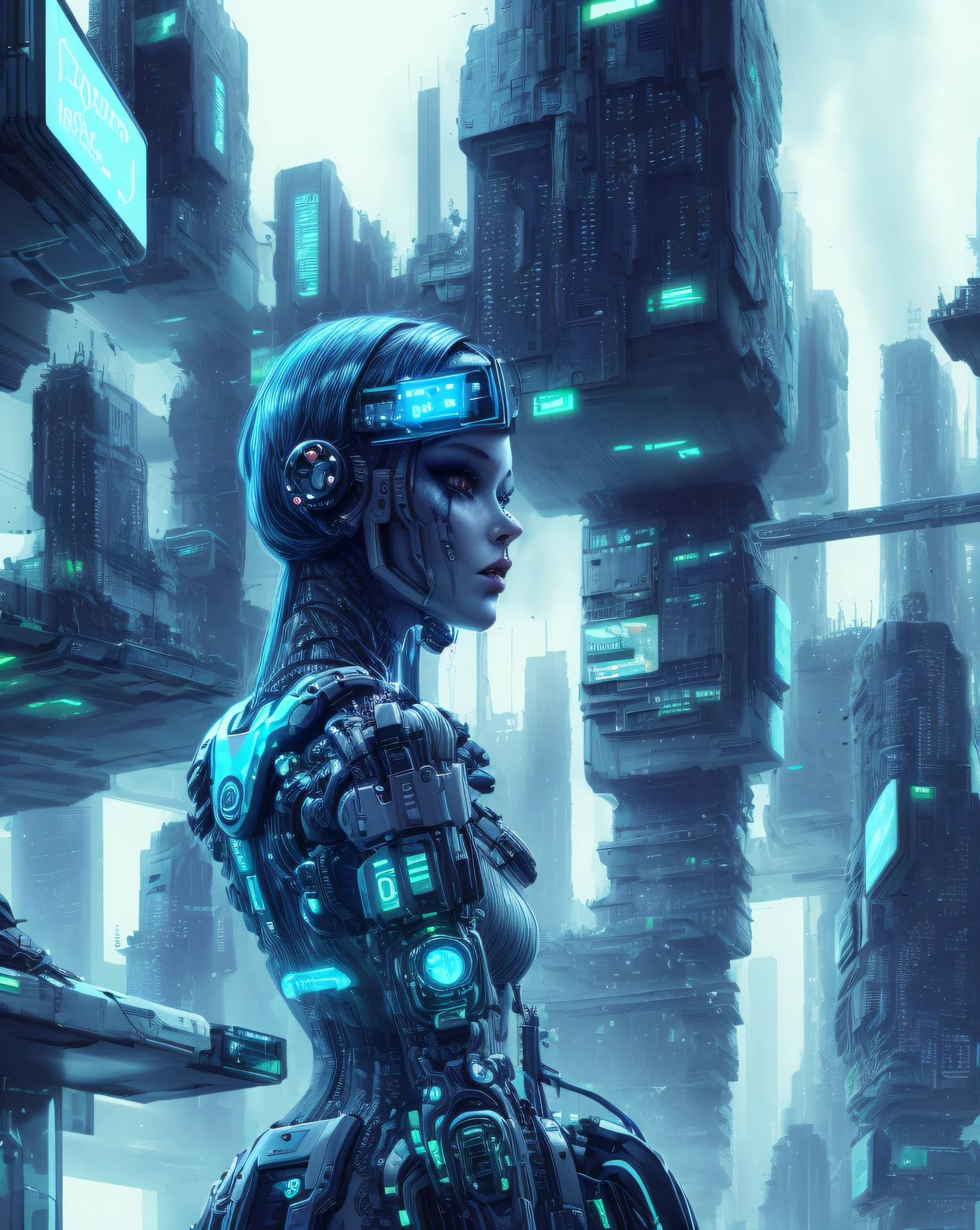the future cyber dystopia,pretty cyborg android