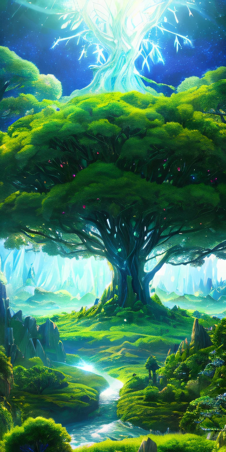 Illustration of a surreal, otherworldly, hyper sky scene including a giant crystal tree full body, highly detailed and magical lighting, intricate forest details, vegetation and surrounding river, solar punk, landscape, giant tree , beautiful green leaves, beautiful lighting and realistic proportions, as if this is a movie background, 8k, highest quality, masterpiece, clouds and stars in the sky.