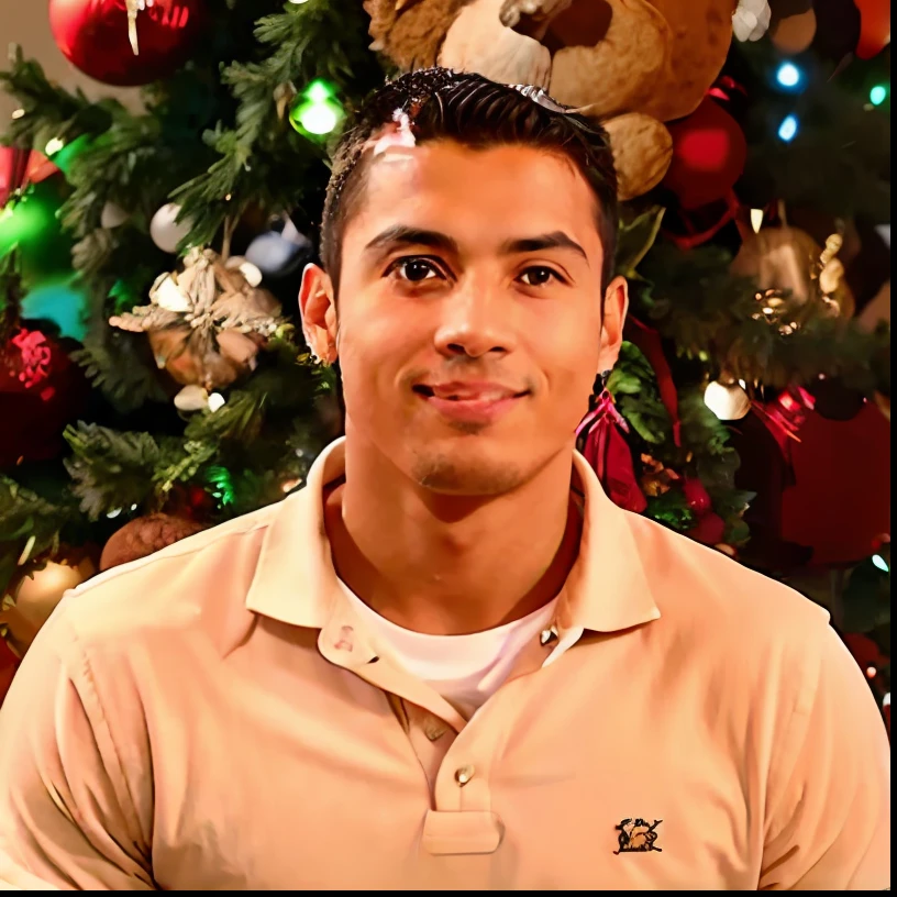 Arafed man in front of a Christmas tree holding a teddy bear, caio santos, david rios ferreira, Carmelo Blandino, icaro carvalho, Dan dos Santos, victor maristane, edu souza, danilo torres, Ronaldo Nazario, Cristiano Orrillo, Ronaldo Nazario Fenomeno, José Moncada, andres rios