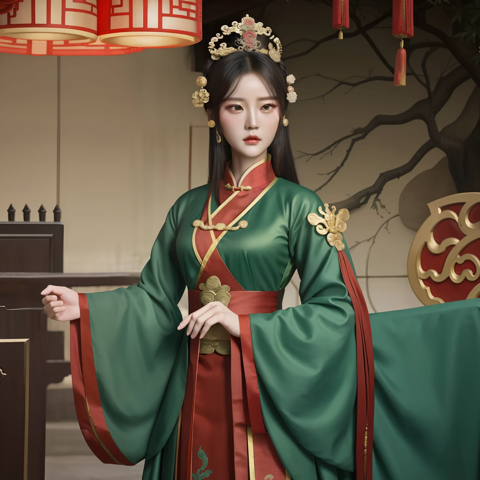 In the courtyard stood a woman in a green and red dress, Palace , A girl in Hanfu, inspired by Ju Lian, Inspired by Lan Ying, Princesa chinesa antiga, Beautiful character painting, inspired by Zhang Sengyao, bian lian, Inspired by Fenghua Zhong, inspired by Zhang Wo, a beautiful fantasy empress, China Princess, chinese empress