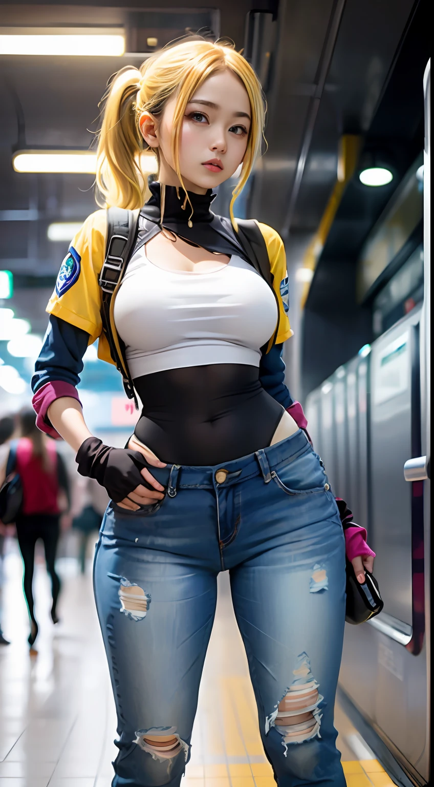 denim pant,subway station,(Inspired by the Avengers),Yellow hair with a ponytail,One-piece unisex trousers,machine girl,Security level,big assa,(8K,photo RAW,Fotorrealista:1,25),(Excessive lip gloss,Very many eyelashes,best qualityer,超高分辨率,depth of fields,color difference,Wide light,natural color,Distant pictures(1:2)