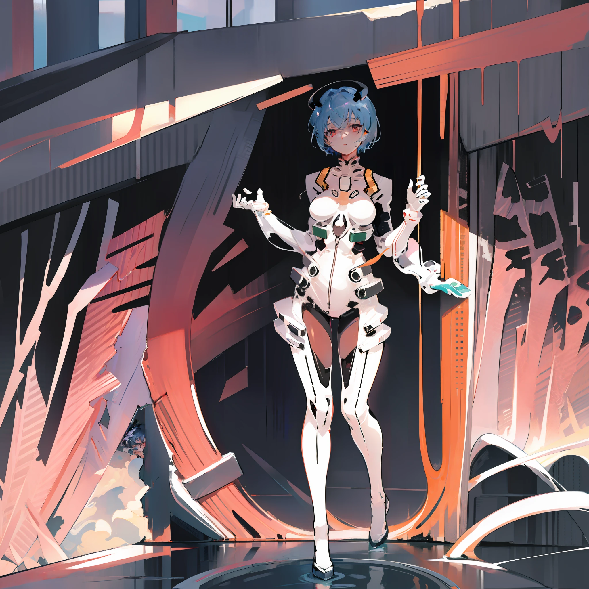 A girl with short pale blue hair with bangs centered to the middle and has red eyes, wearing an Eva-00 plug-suit, standing in front of collapse building, red sky, a robot, a red lance