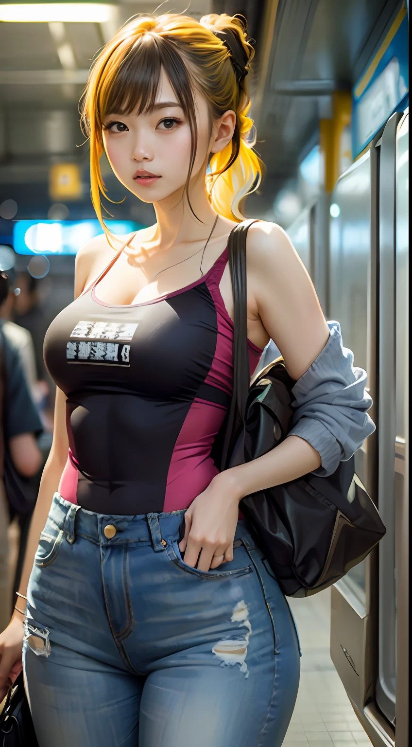 denim pant,subway station,(Inspired by the Avengers),Yellow hair with a ponytail,One-piece unisex trousers,machine girl,Security level,big assa,(8K,photo RAW,Fotorrealista:1,25),(Excessive lip gloss,Very many eyelashes,best qualityer,超高分辨率,depth of fields,color difference,Wide light,natural color,Distant pictures(1:2)