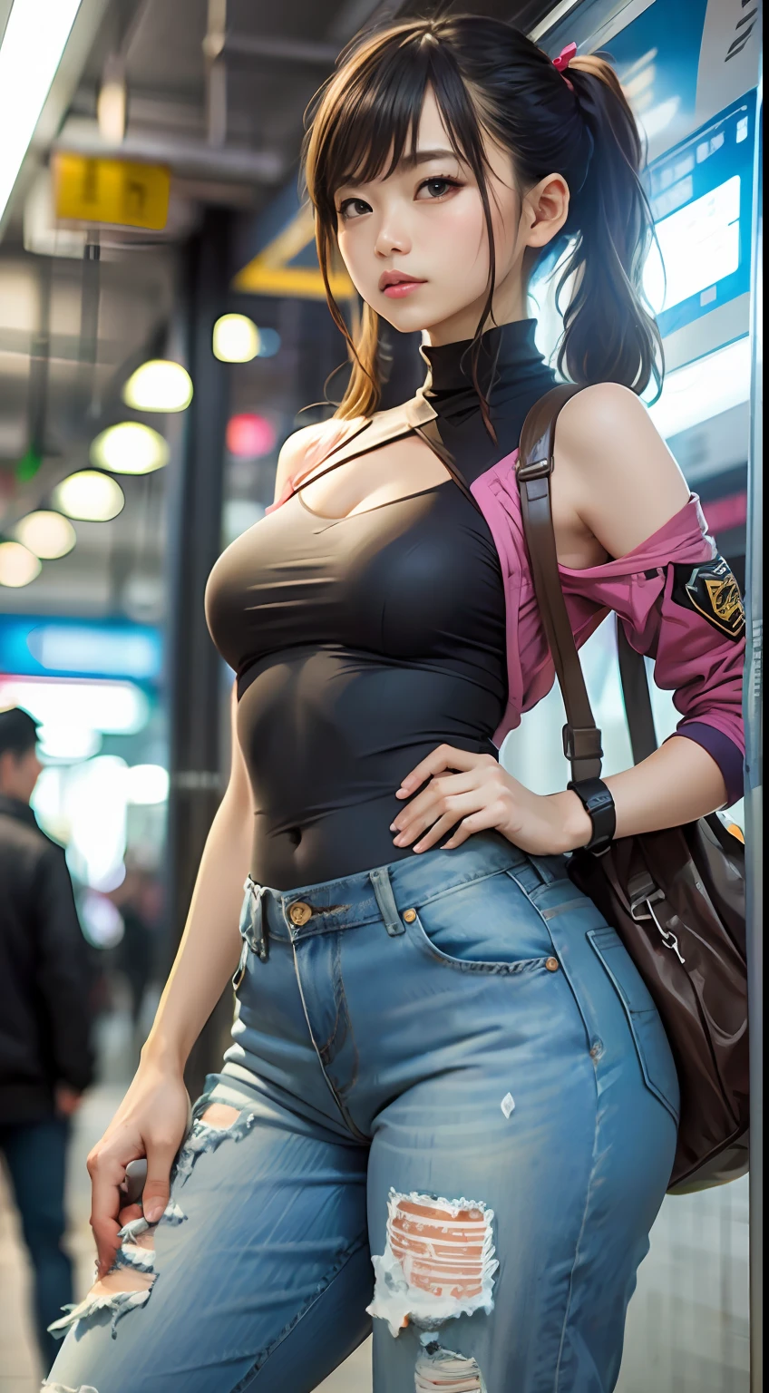 denim pant，subway station，（Inspired by the Avengers），pony tails，One-piece unisex trousers，machine girl，Security level，big assa，（8K，photo RAW，Fotorrealista：1，25），（Excessive lip gloss，Very many eyelashes，best qualityer，超高分辨率，depth of fields，color difference，Wide light，natural color，Distant pictures（1：2）