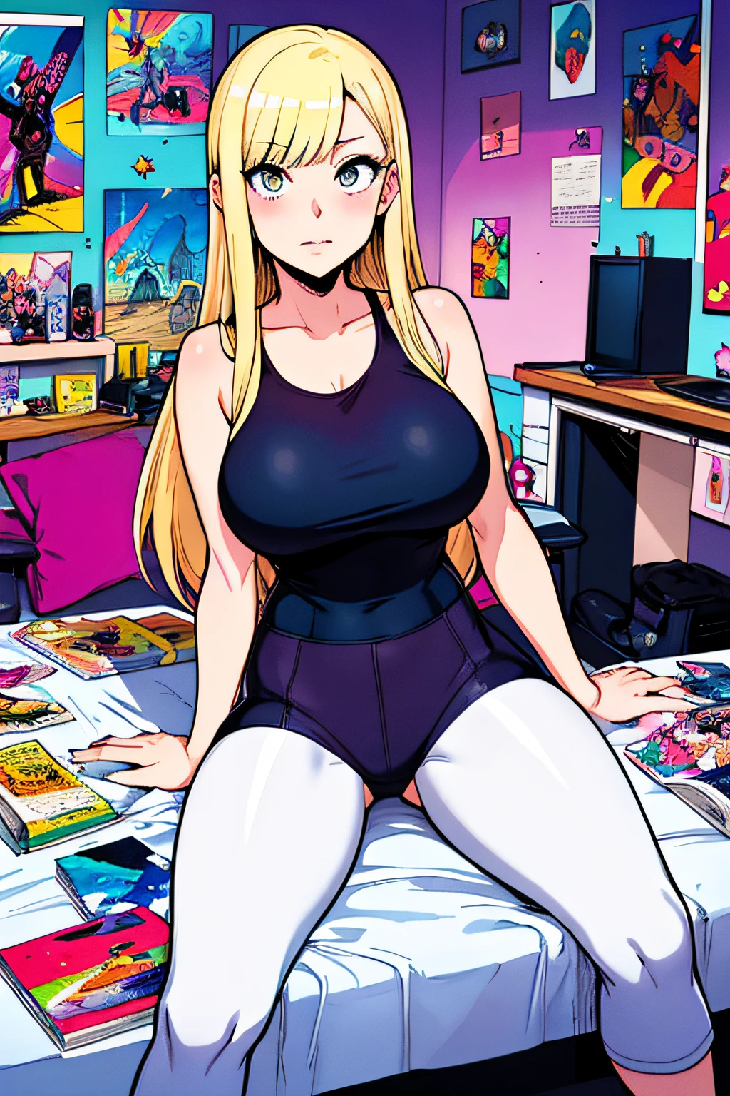 a woman sitting on top of a bed next to a painting, hiroyuki takahashi color scheme, blonde hair and large eyes, inside a cluttered art studio, as a panel of a marvel comic, oppai proportions, front page, darkroom, sat at her desk, full color, masterpiece