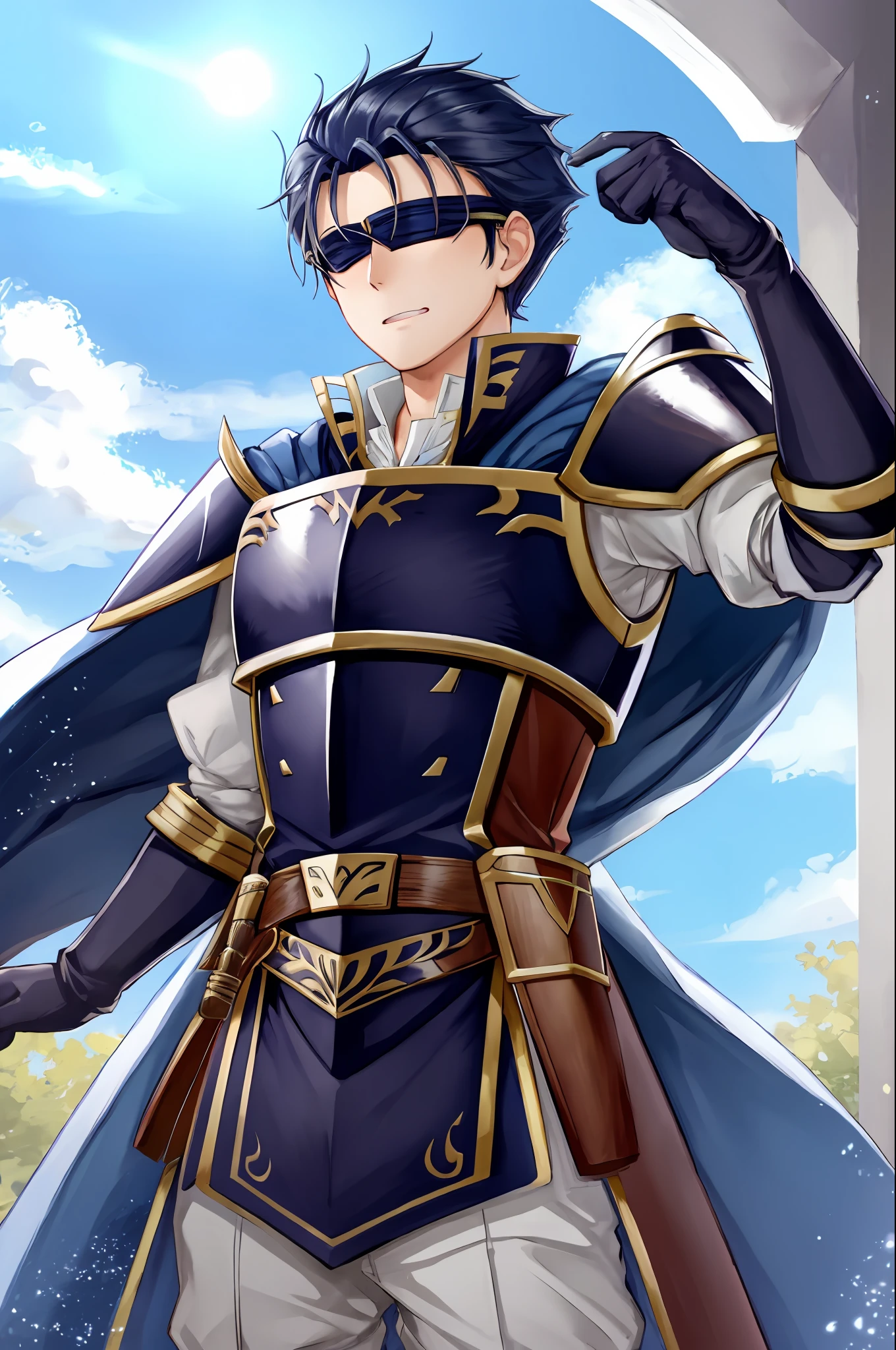 Hector Fey, Ultra-high quality CG, 独奏, looking at viewert,Blindfold, with her mouth open, mitts, 1boy, The upper part of the body, malefocus, Skysky, Clouds, cloaks, armour